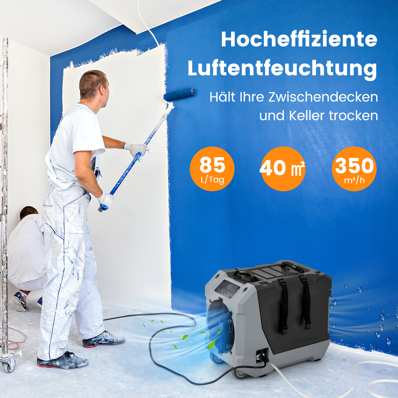 Männer streichen blaue Wand, Luftentfeuchter im Vordergrund. Text: 'Hocheffiziente Luftentfeuchtung'.