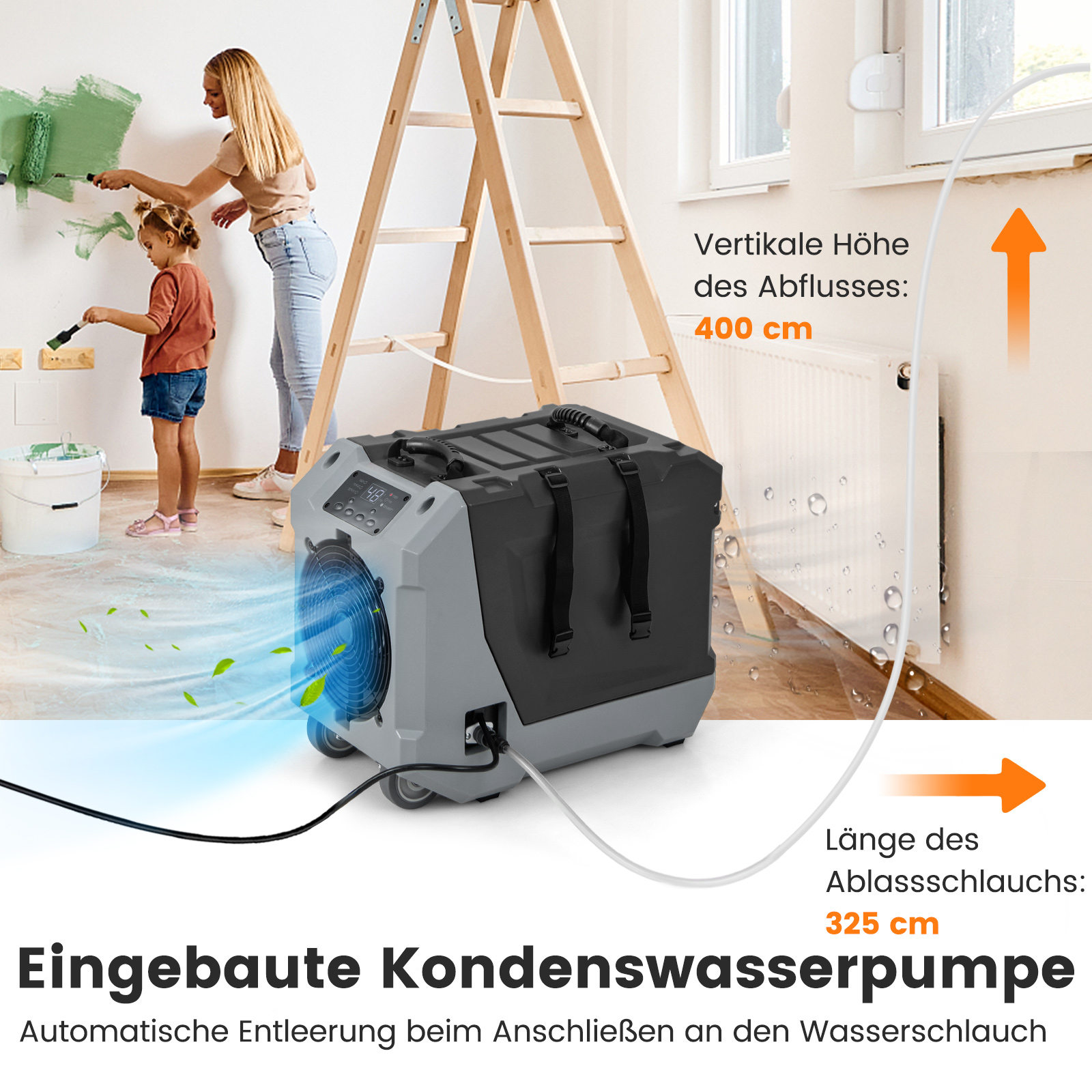 Ein Luftentfeuchter mit Text und Pfeilen, die Funktionen anzeigen. Eine Frau streicht.