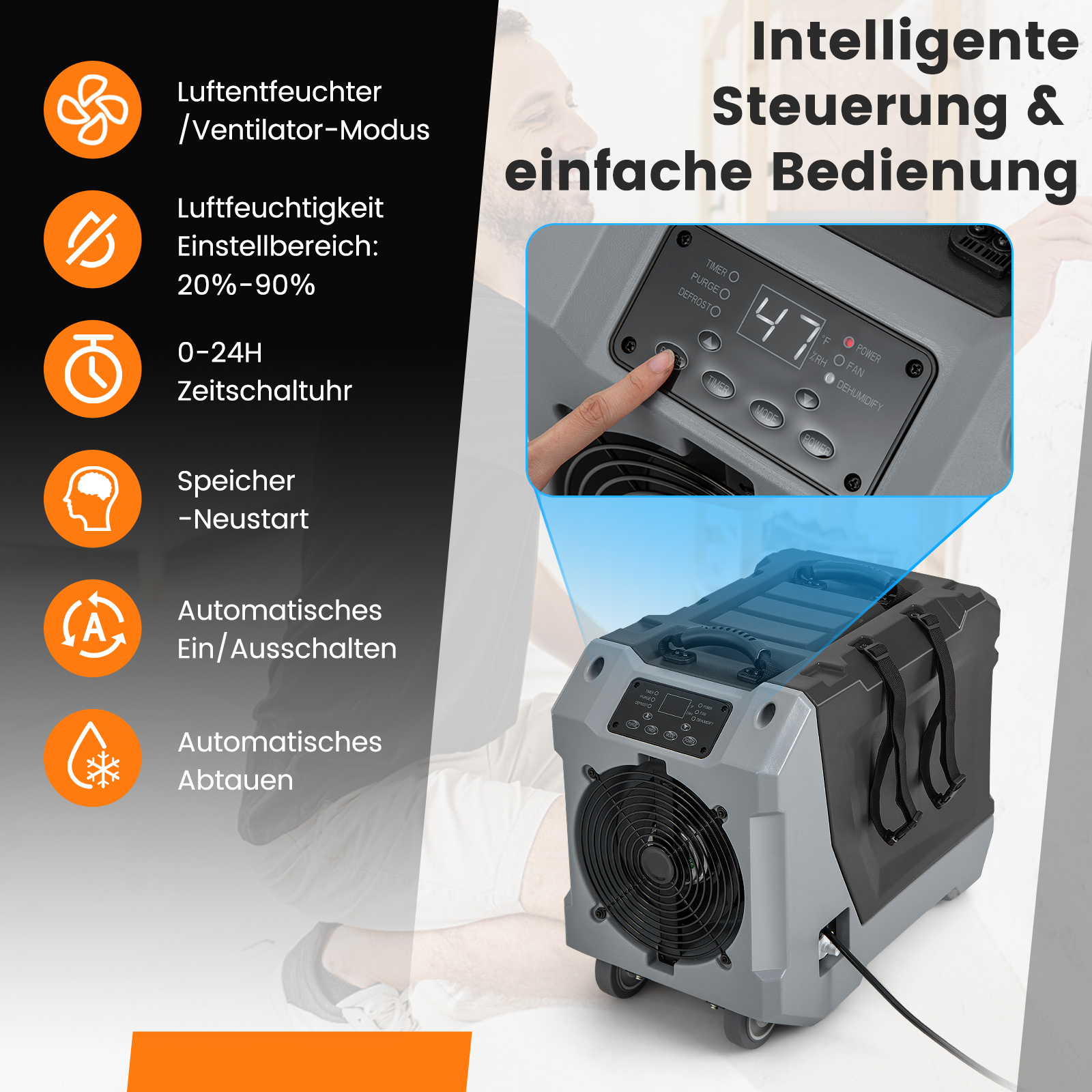 Luftentfeuchtermaschine in einem Raum. Verfügt über ein digitales Display und Bedientasten.