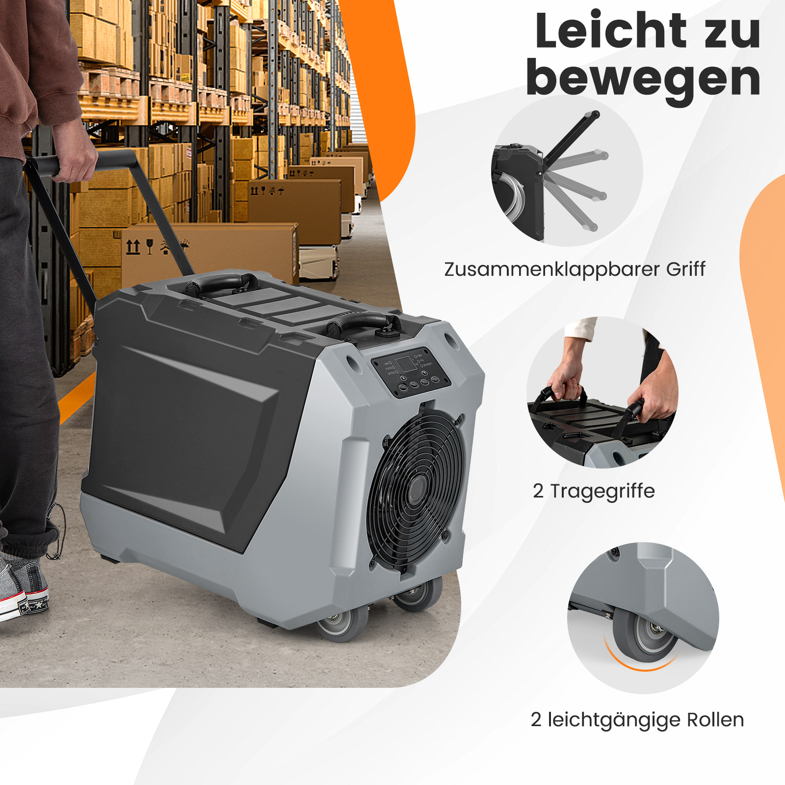 Graue und schwarze tragbare Klimaanlage auf Rädern. Klappgriff und Beschriftungen.