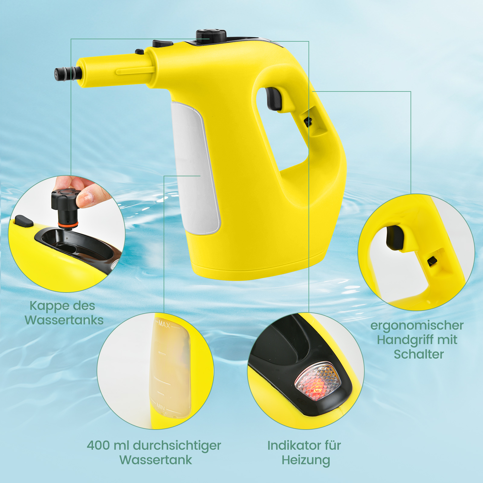 Gelber Handdampfreiniger mit Wassertank und Griff, mit Beschriftungen für jedes Teil. Weißer Hintergrund.