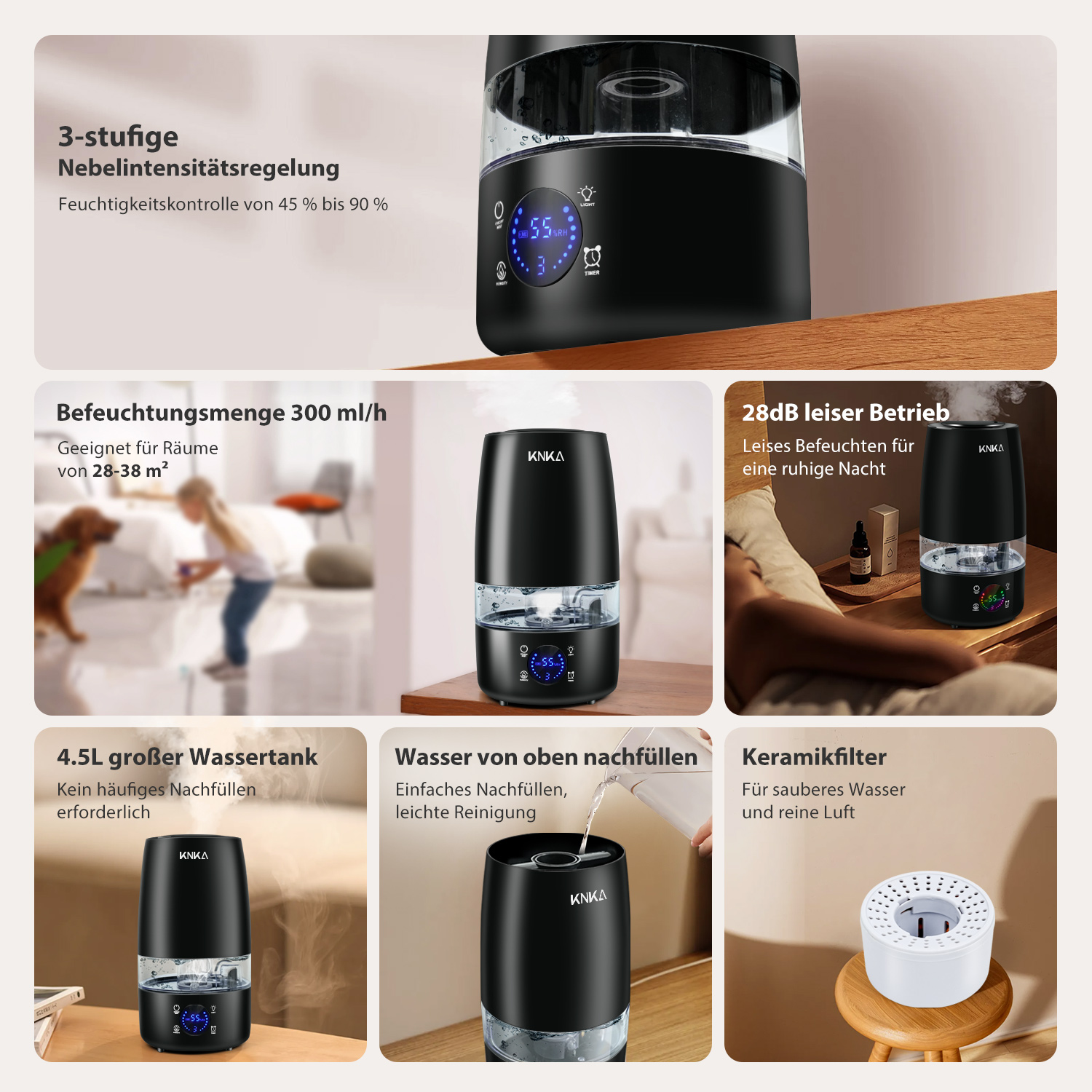 Mehrere Bilder eines schwarzen Luftbefeuchters. Enthält Funktionen wie 3-stufige Nebelregulierung und einen großen Wassertank.
