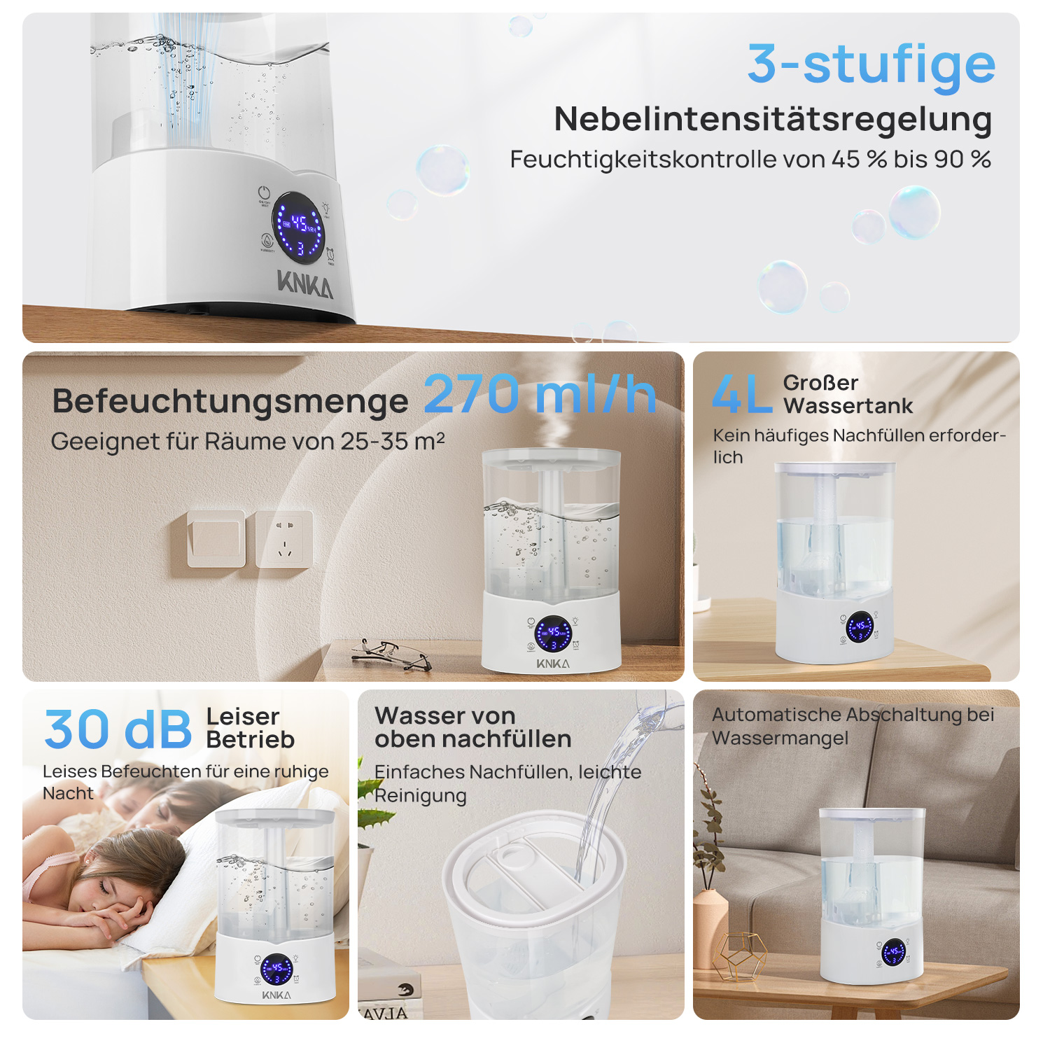 Luftbefeuchter mit Textetiketten. Klarer Wassertank, Blasen und schlafende Frau.