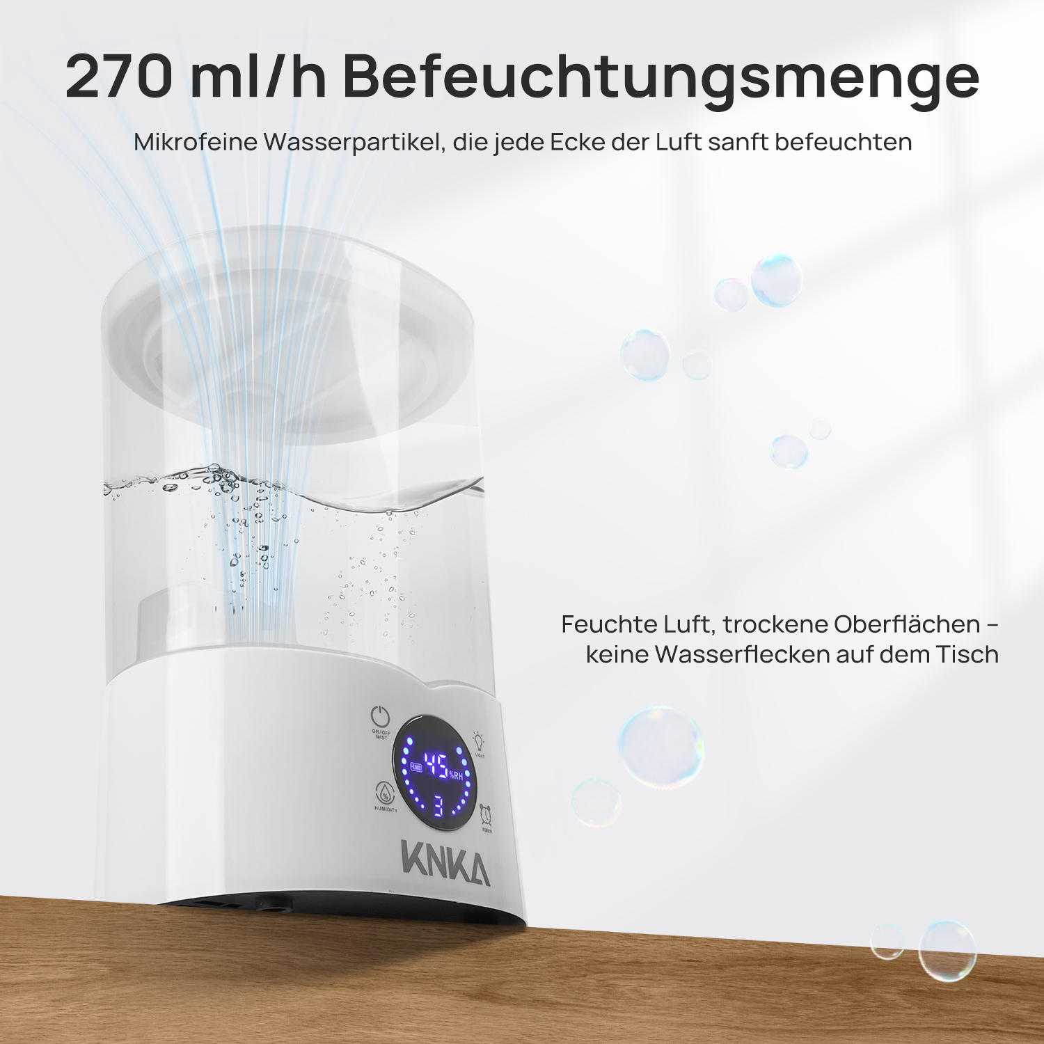 Ein weißer Luftbefeuchter mit digitaler Anzeige, Wasserdampf mit deutschem Text.