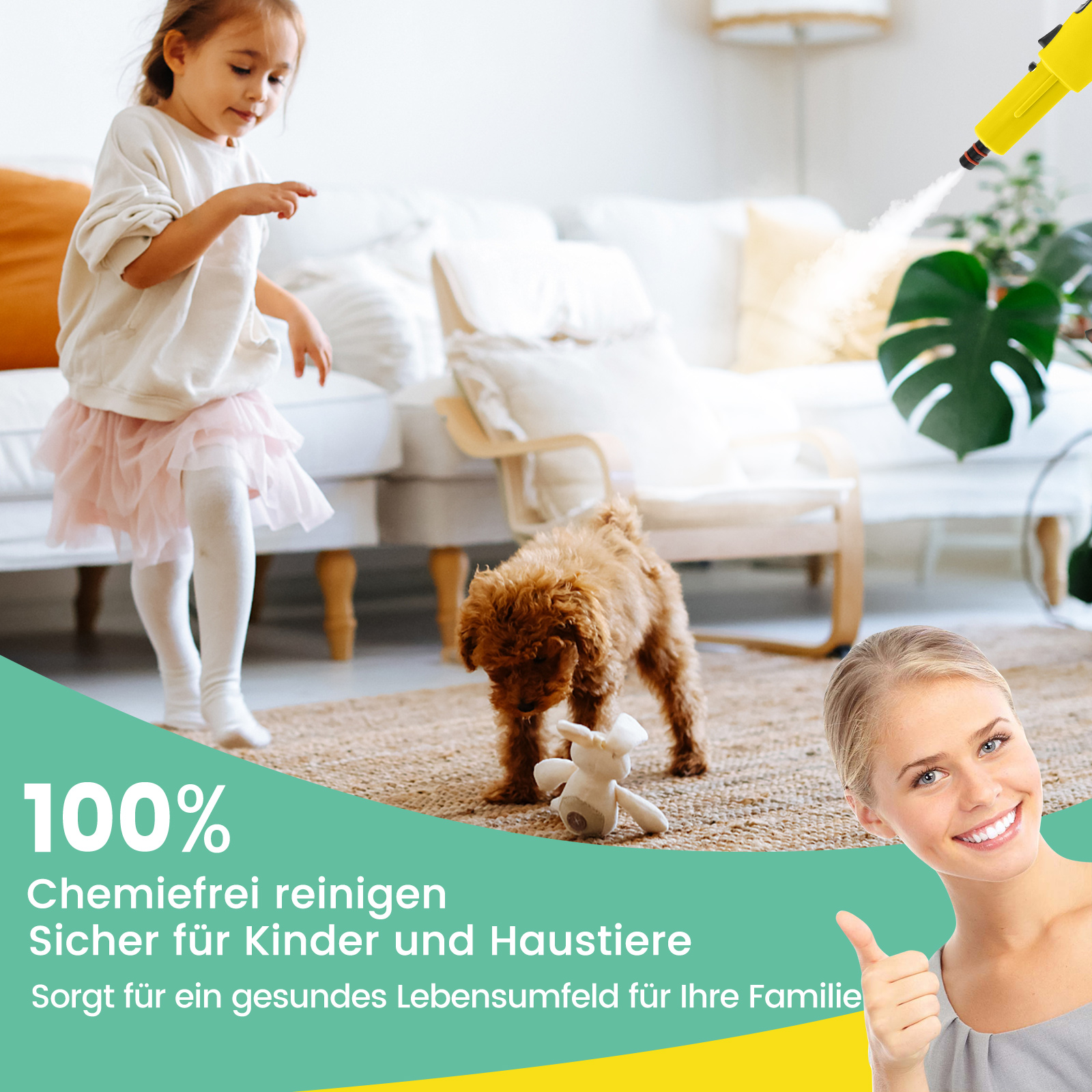 Ein Mädchen und ein Hund spielen, eine Frau gibt einen Daumen hoch. Text: 100% chemiefreie Reinigung.