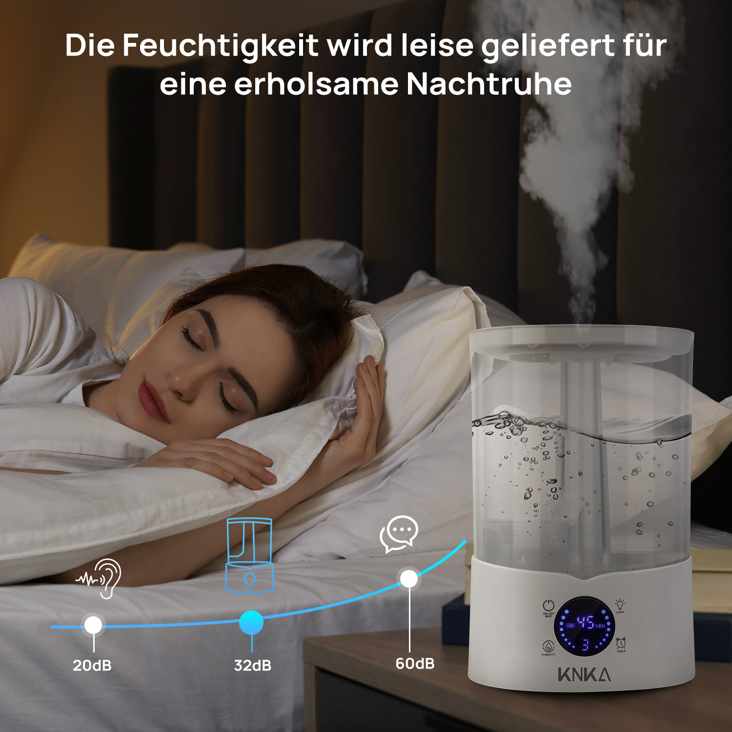 Frau schläft neben einem Luftbefeuchter. Text auf Deutsch. Der Luftbefeuchter ist auf 45 Grad eingestellt.