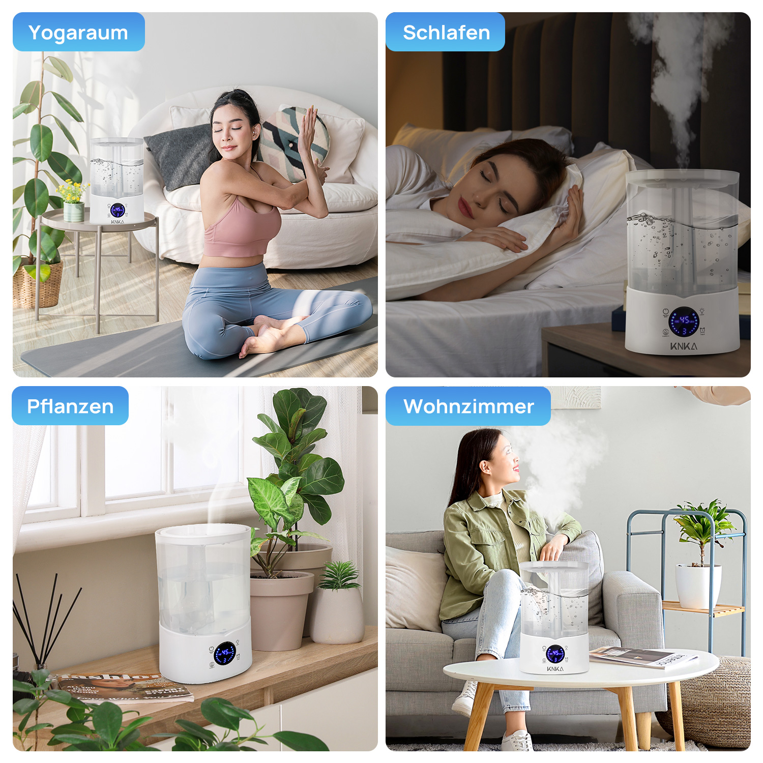 Vier Bilder zeigen einen Luftbefeuchter in verschiedenen Umgebungen: Yoga, Schlafzimmer, mit Pflanzen und Wohnzimmer.