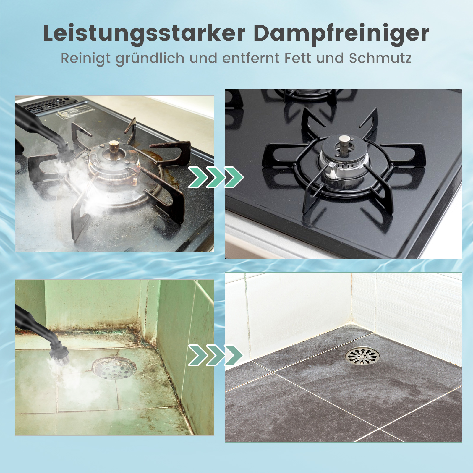 Bilder zeigen die Dampfreinigung von Kochfeld und Boden, vergleichen Vorher-Nachher-Ergebnisse.