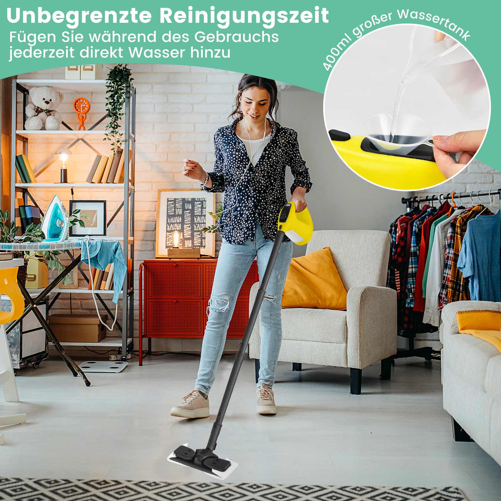 Frau wischt Boden mit Dampfmopp, mit Text und Gegenständen im Hintergrund.
