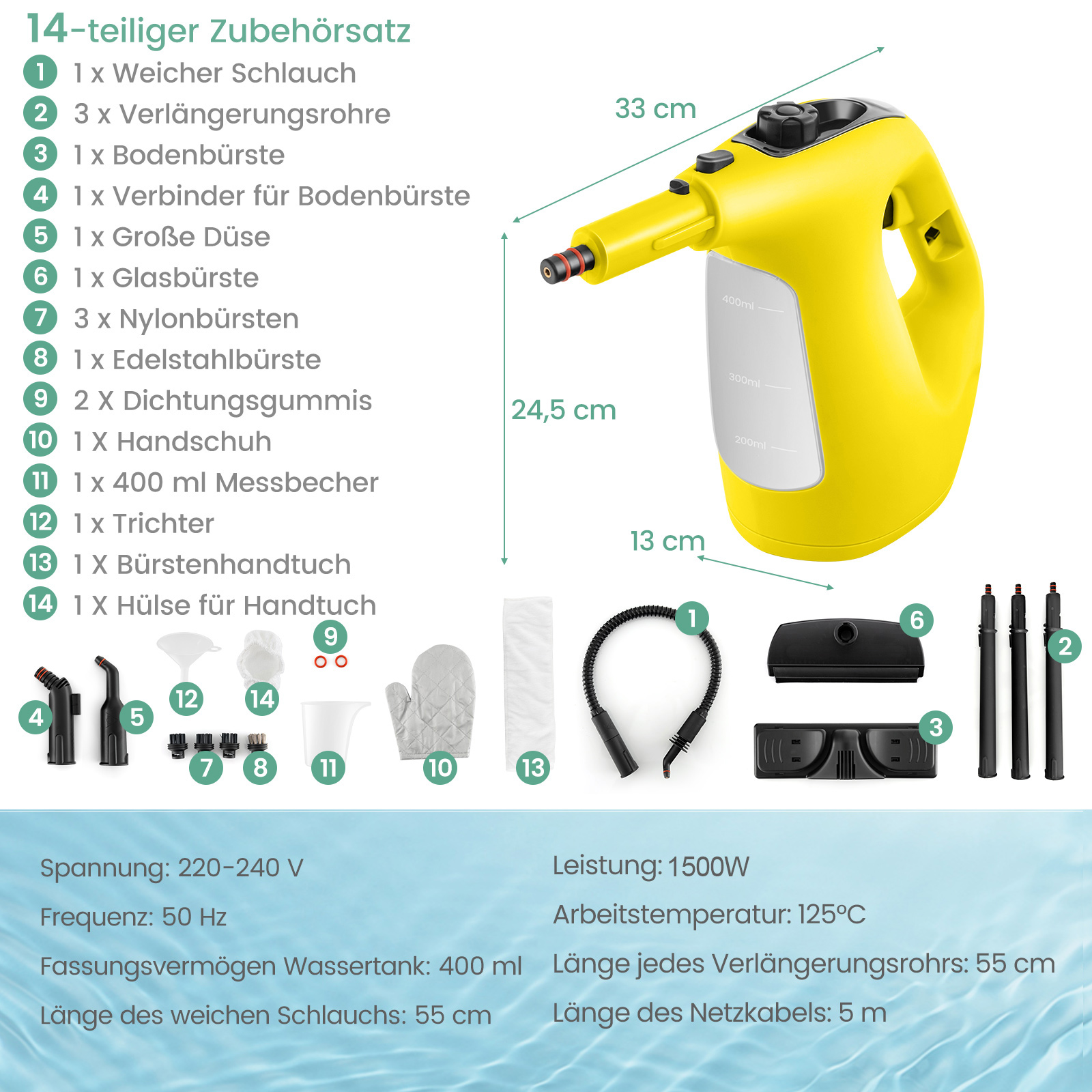 Ein gelber Dampfreiniger mit verschiedenen abgebildeten und beschrifteten Zubehörteilen.