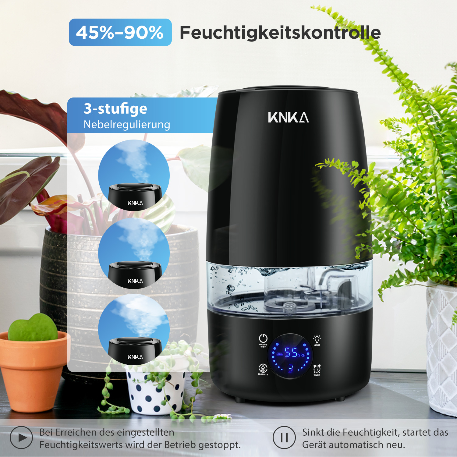 Schwarzer Luftbefeuchter mit Digitalanzeige. Drei Bilder zeigen verschiedene Nebelstufen.