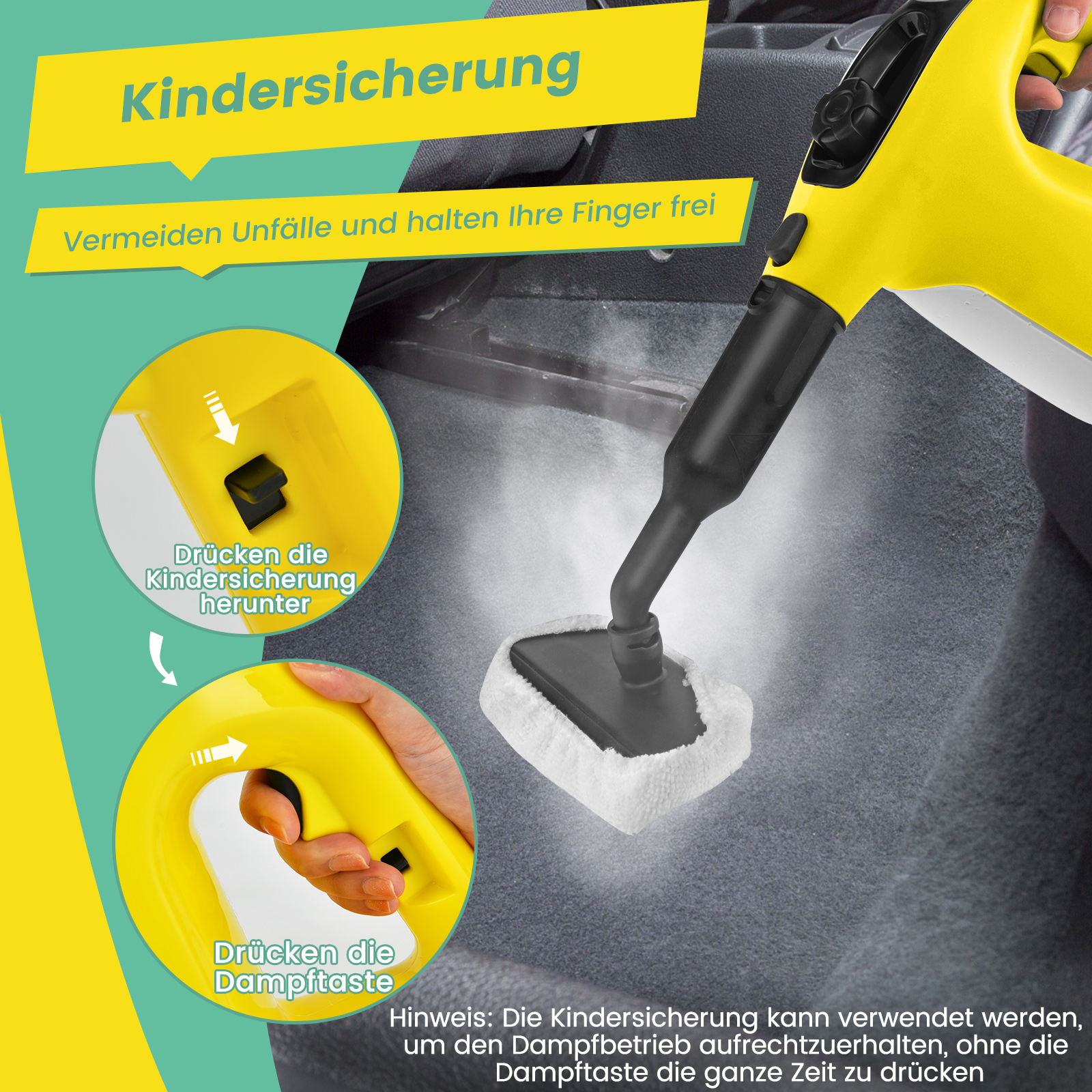Nahaufnahme eines gelben Dampfreinigers mit Anweisungen zur Kindersicherung, mit Händen, die interagieren.