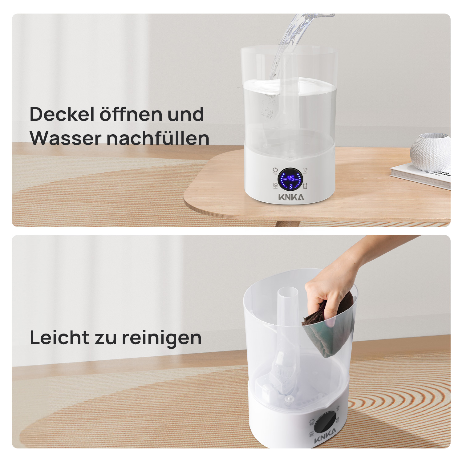 Zwei Bilder zeigen einen Luftbefeuchter: eines mit Wasser, das eingefüllt wird, und eines mit einfachen Reinigungsanweisungen.