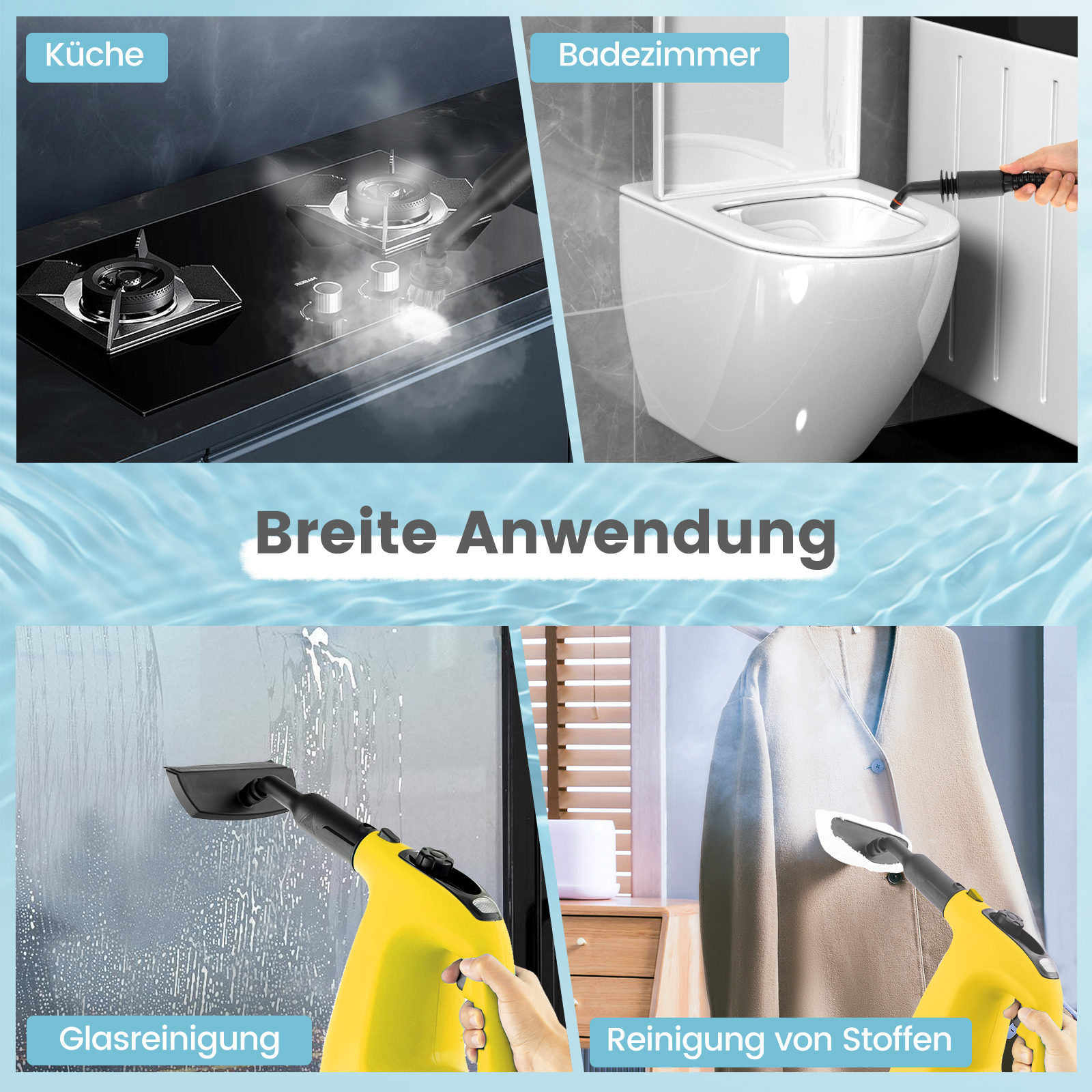 Dampfreiniger in Gebrauch, vier Szenen, Wasserdampf. Hintergrund: verschiedene Umgebungen.