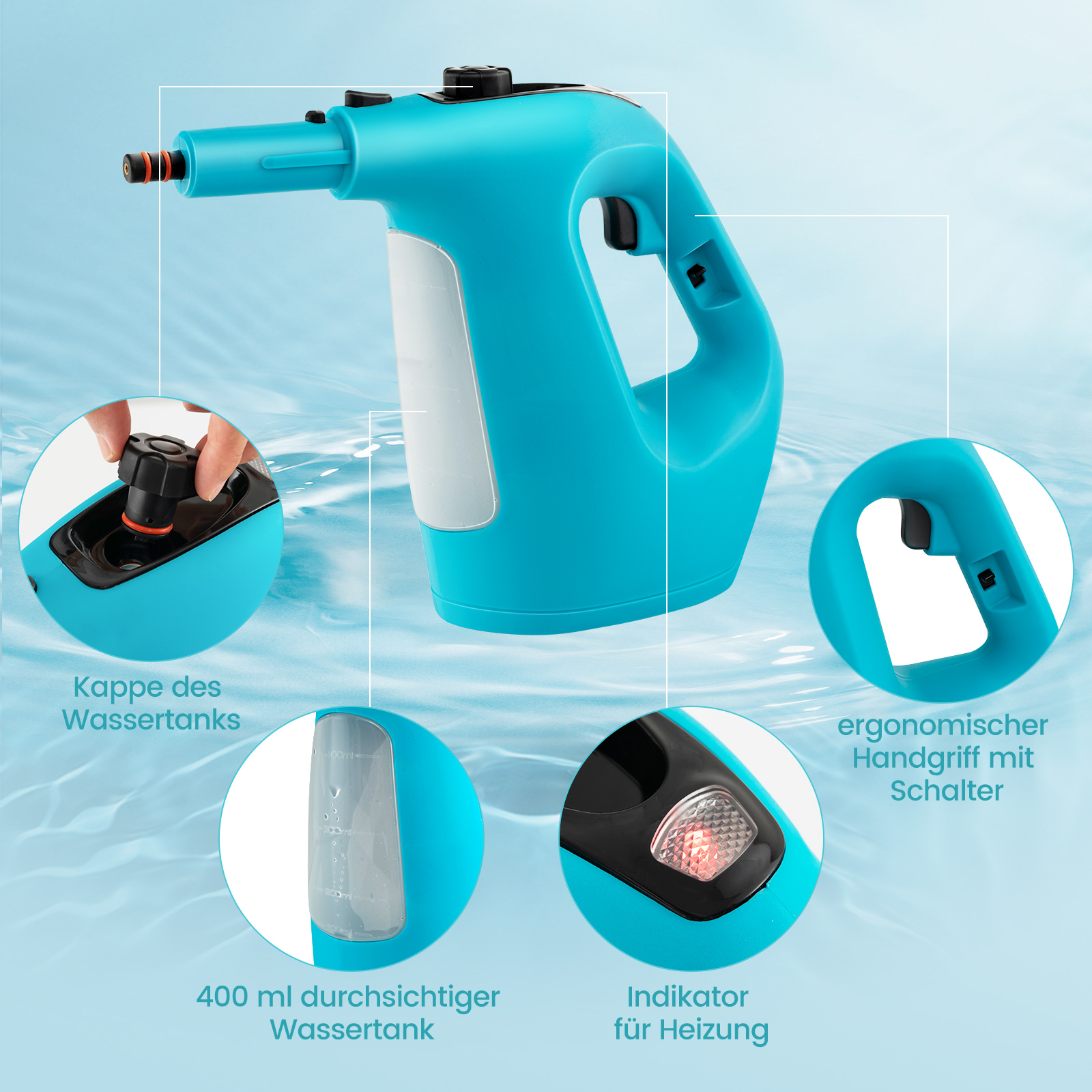 Türkisfarbener Handdampfer mit Etiketten. Zeigt Wassertank, Griff und Heizungsanzeige.