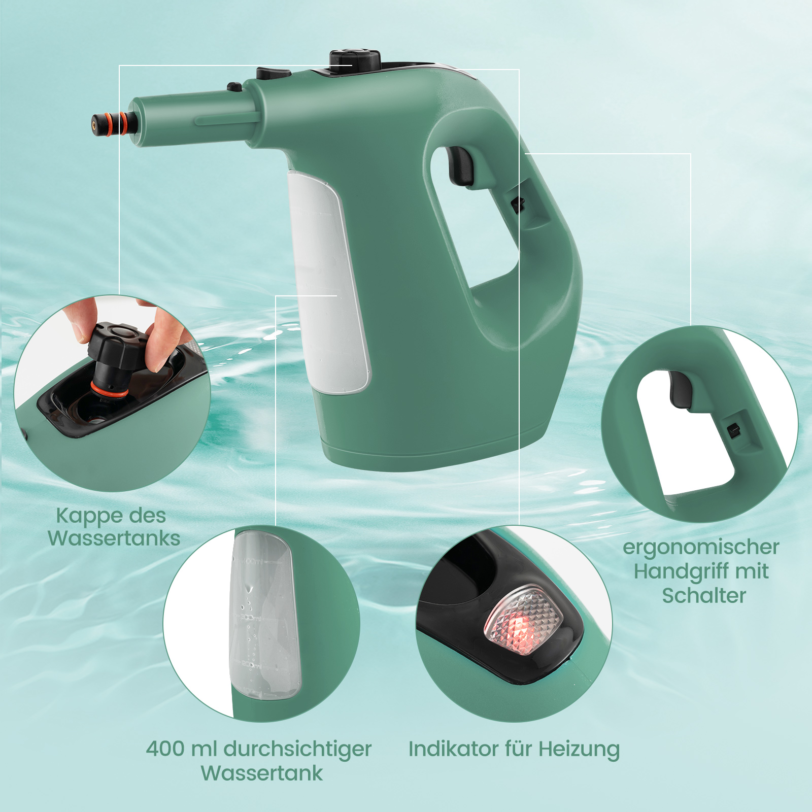 Ein grüner Handdampfer mit beschrifteten Teilen, einschließlich Wassertank und Schalter.