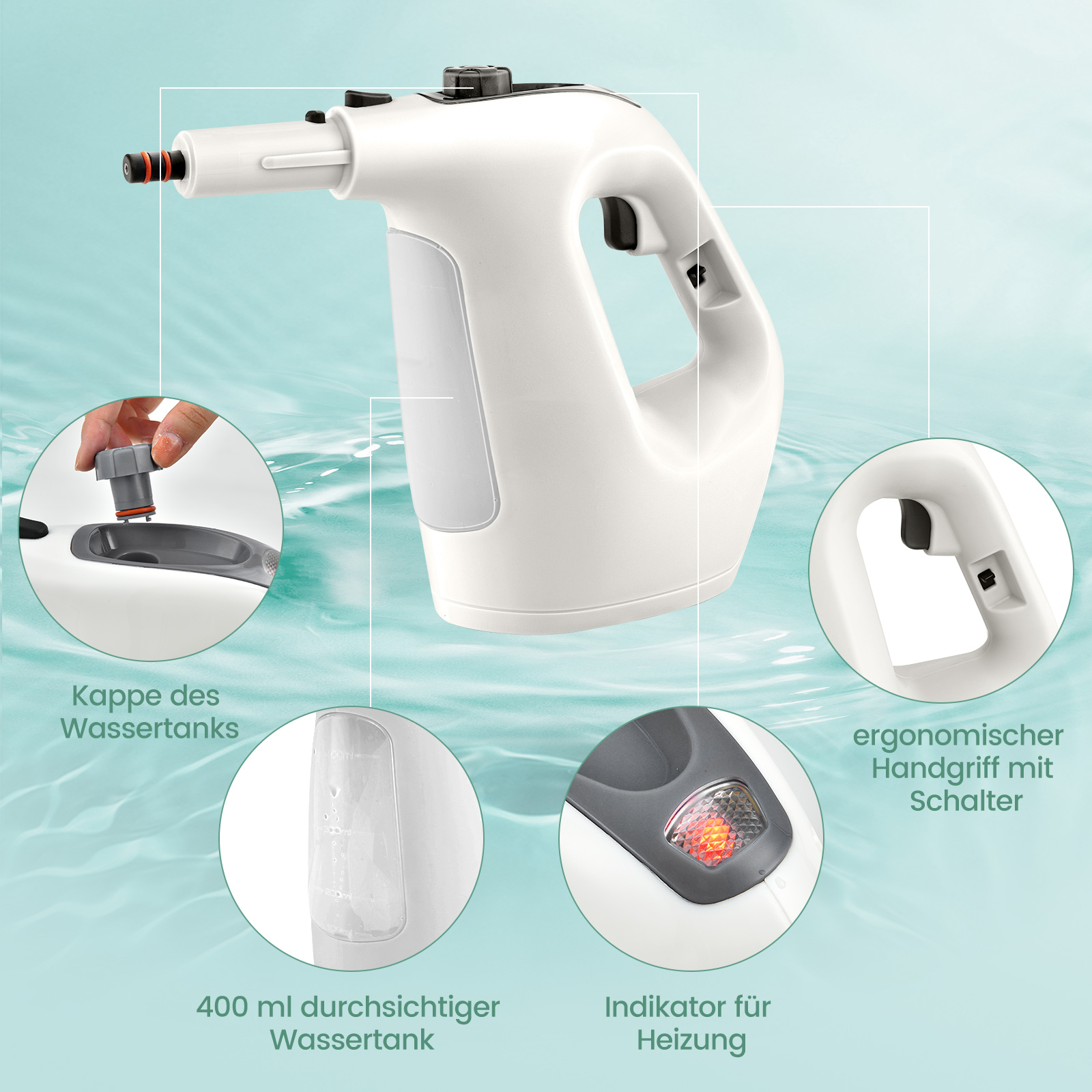 Ein weißer Handdampfer mit Details wie Wassertank, Griff und Kontrollleuchte.
