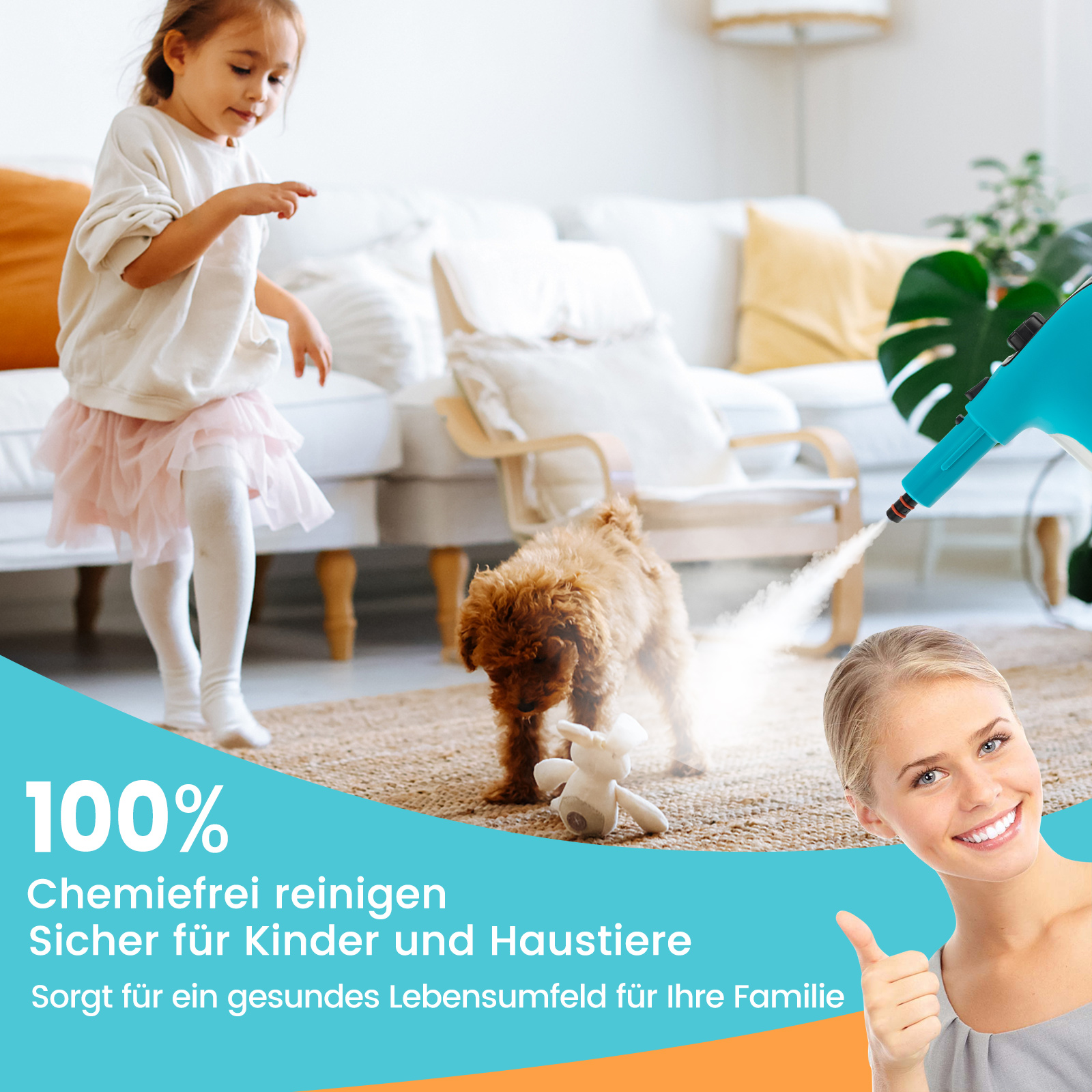 Ein Mädchen und ein Hund in einem Wohnzimmer, ein Dampfreiniger in Gebrauch und ein Textfeld.