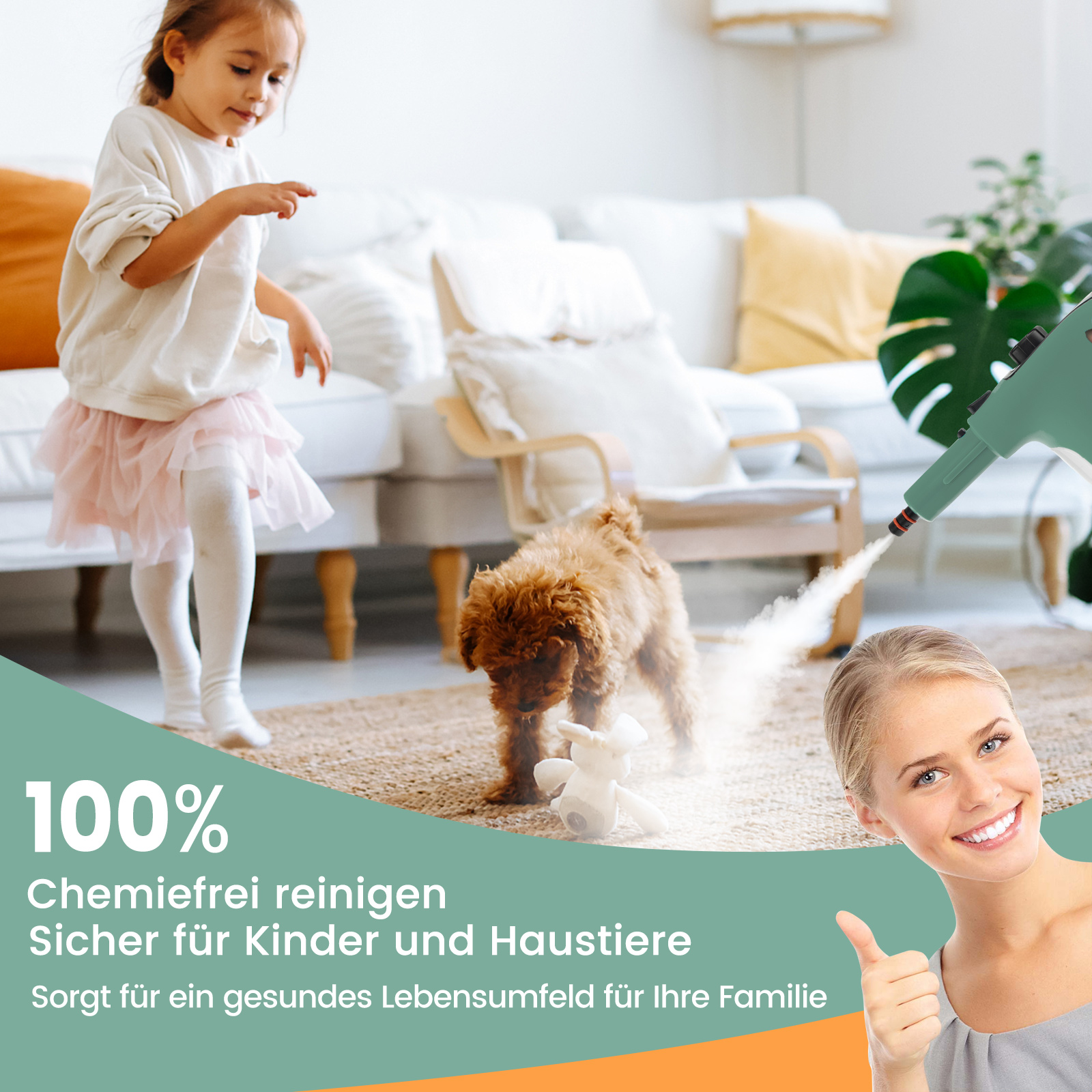 Ein Mädchen und ein Hund in einem Wohnzimmer. Eine Frau lächelt neben Text über Reinigung.