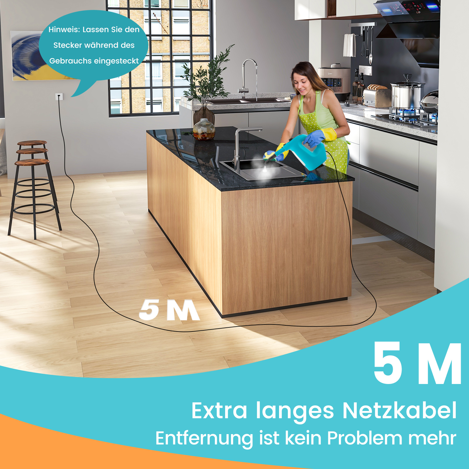 Eine Frau in einer Küche mit einer Gießkanne neben einem Waschbecken, 5-Meter-Kabel.