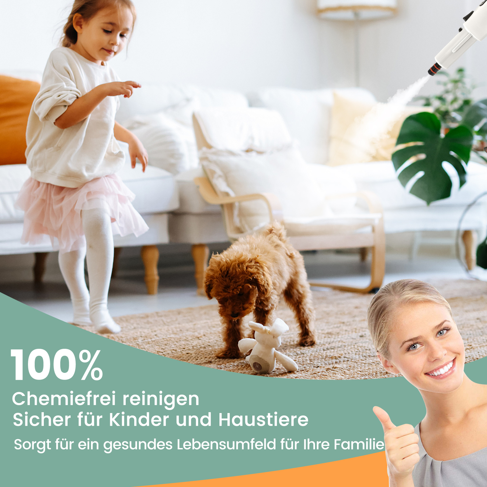 Mädchen, Hund und Frau in einem Raum. Text: 100% chemiefreie Reinigung. Sicher für Familien.