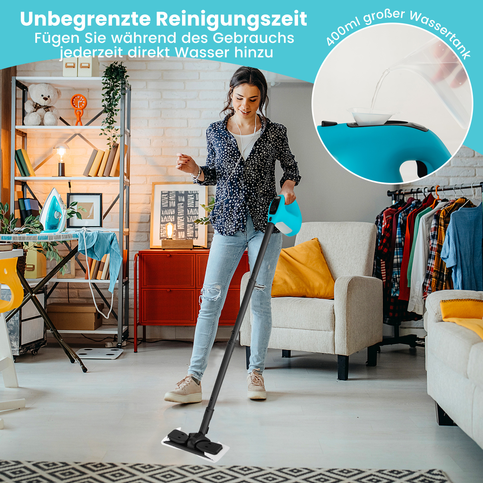 Eine Frau wischt den Boden. Text sagt 'Unbegrenzte Reinigungszeit'. Ein Wassertank wird gezeigt.