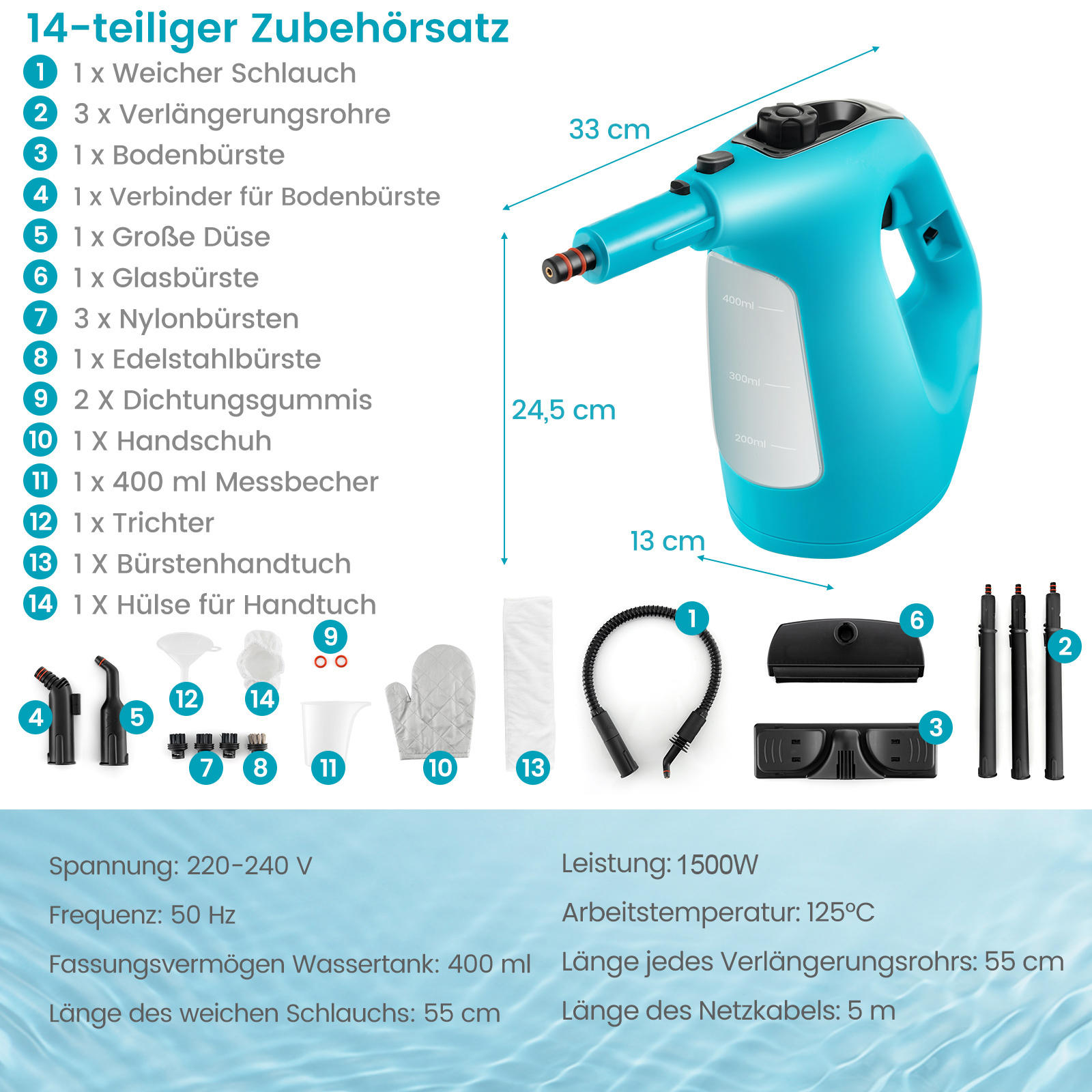 Türkis Dampfreiniger mit Zubehör. Etiketten zeigen die Teile und Maße.