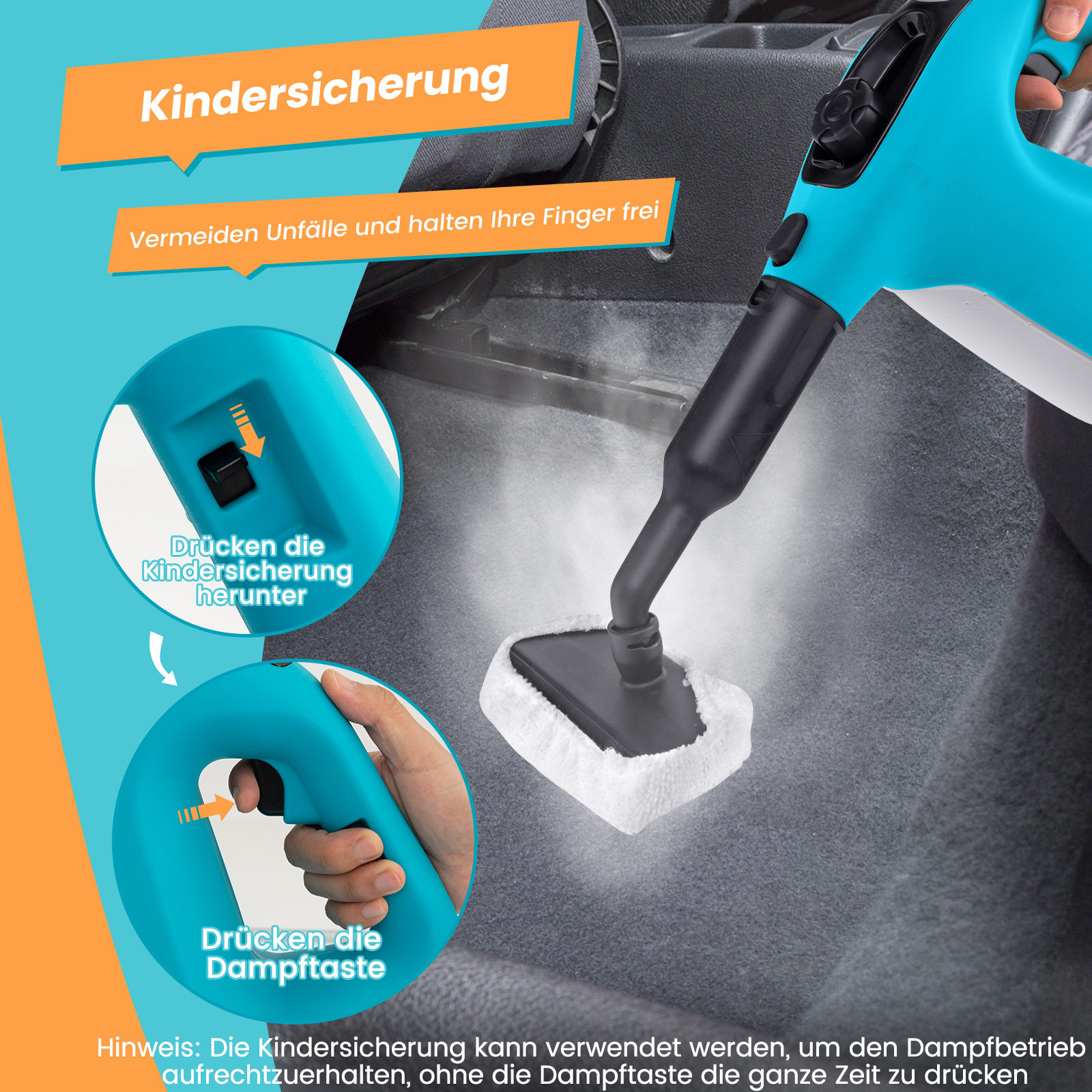 Blauer Dampfreiniger mit Nahaufnahme der Sicherheitsverriegelung. Verhindert Unfälle und schützt Finger.