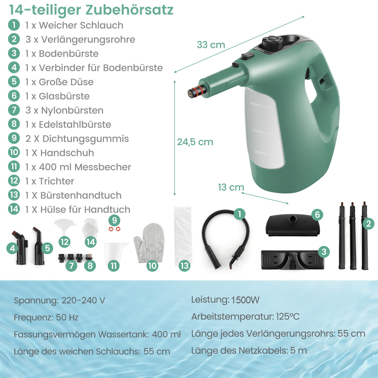 Ein grüner Dampfreiniger mit verschiedenen Aufsätzen. Der Reiniger hat eine Wasserstandsanzeige.