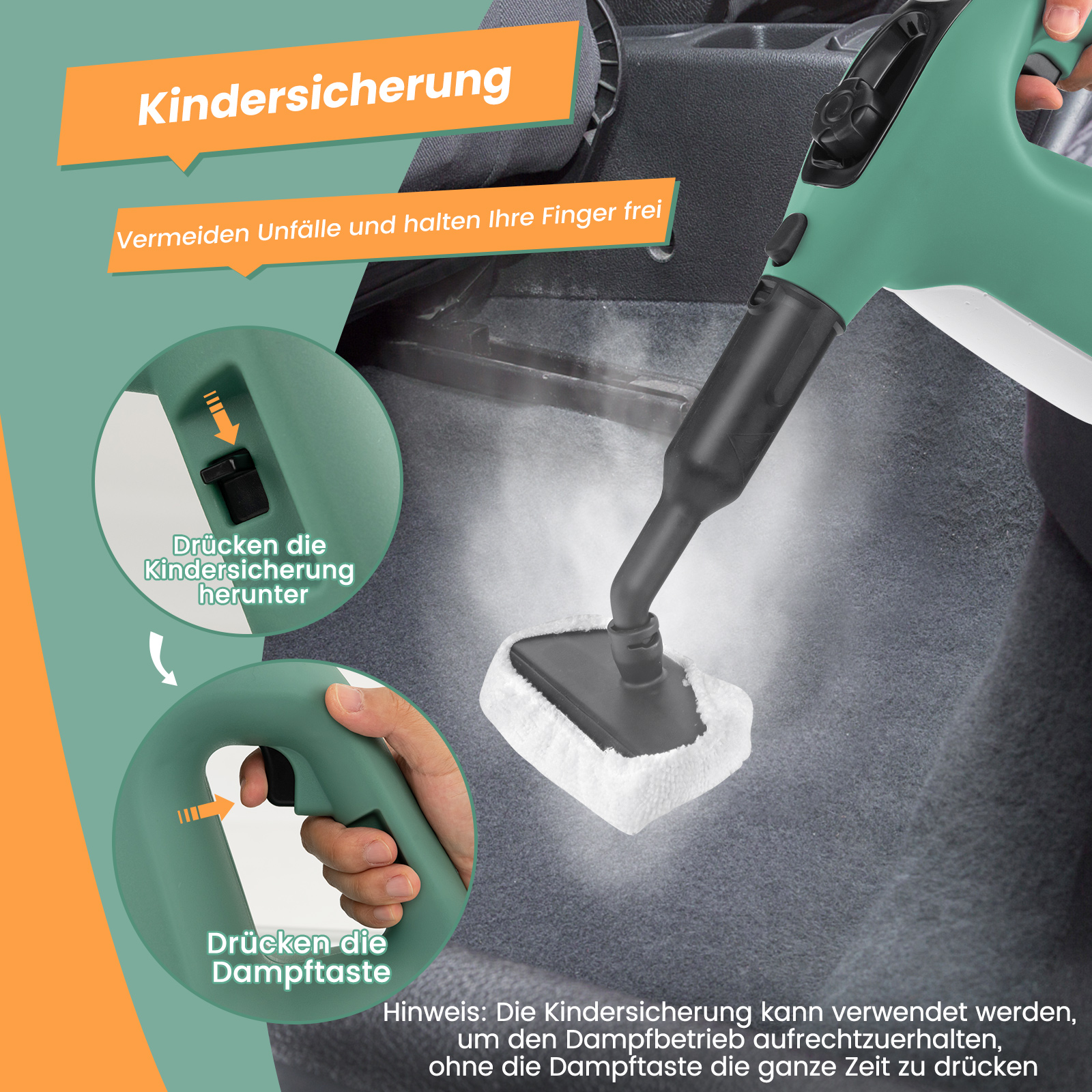 Ein grüner Dampfreiniger mit Kindersicherung, mit Illustrationen und deutschem Text.