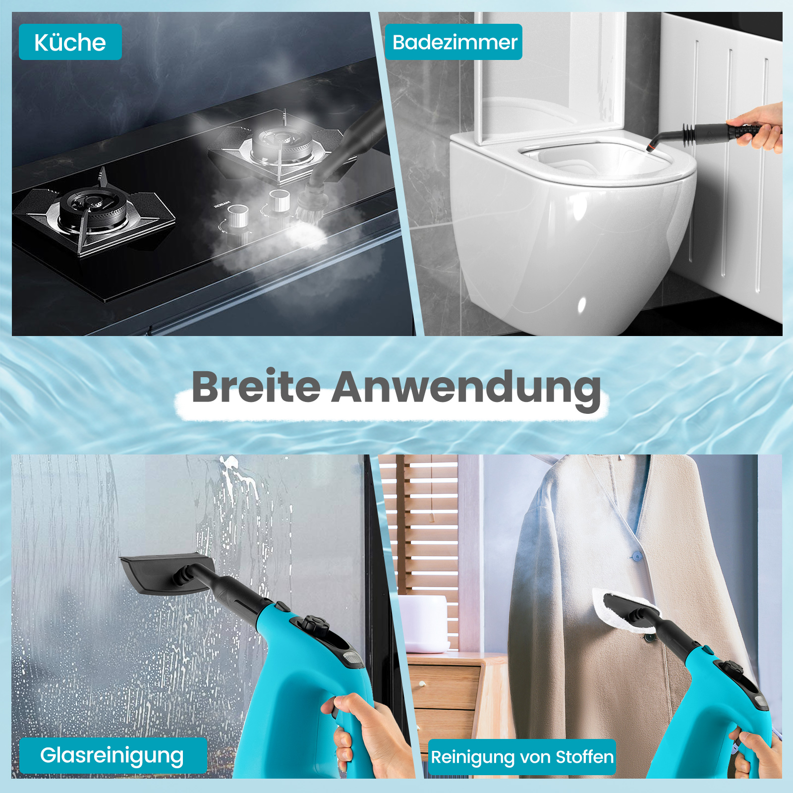 Bilder, die die Verwendung eines Dampfreinigers in Küche, Bad und auf Kleidung zeigen.