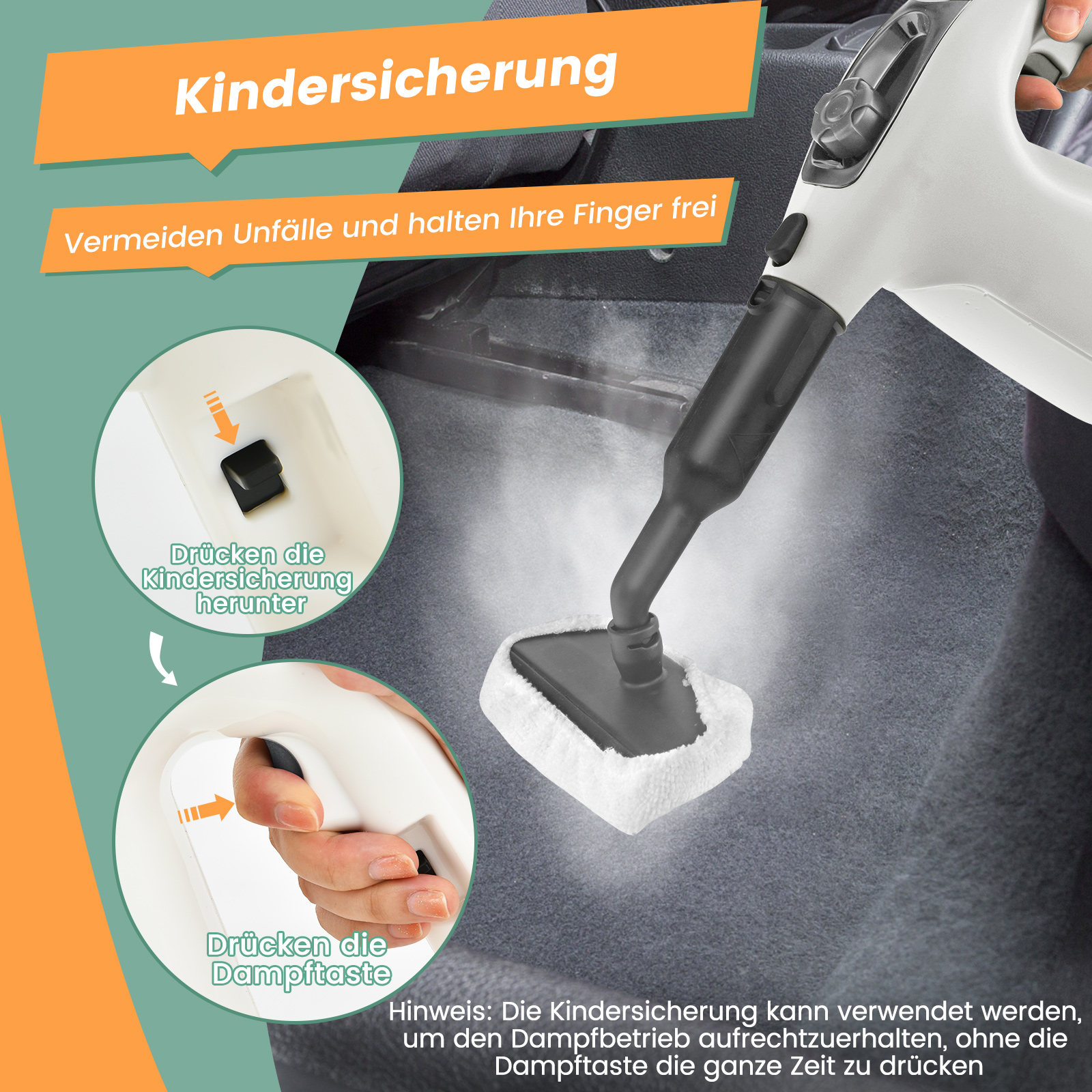 Diagramm zur Verwendung eines Dampfreinigers. Nahaufnahme eines Reinigers und einer Oberfläche. Text auf Deutsch.