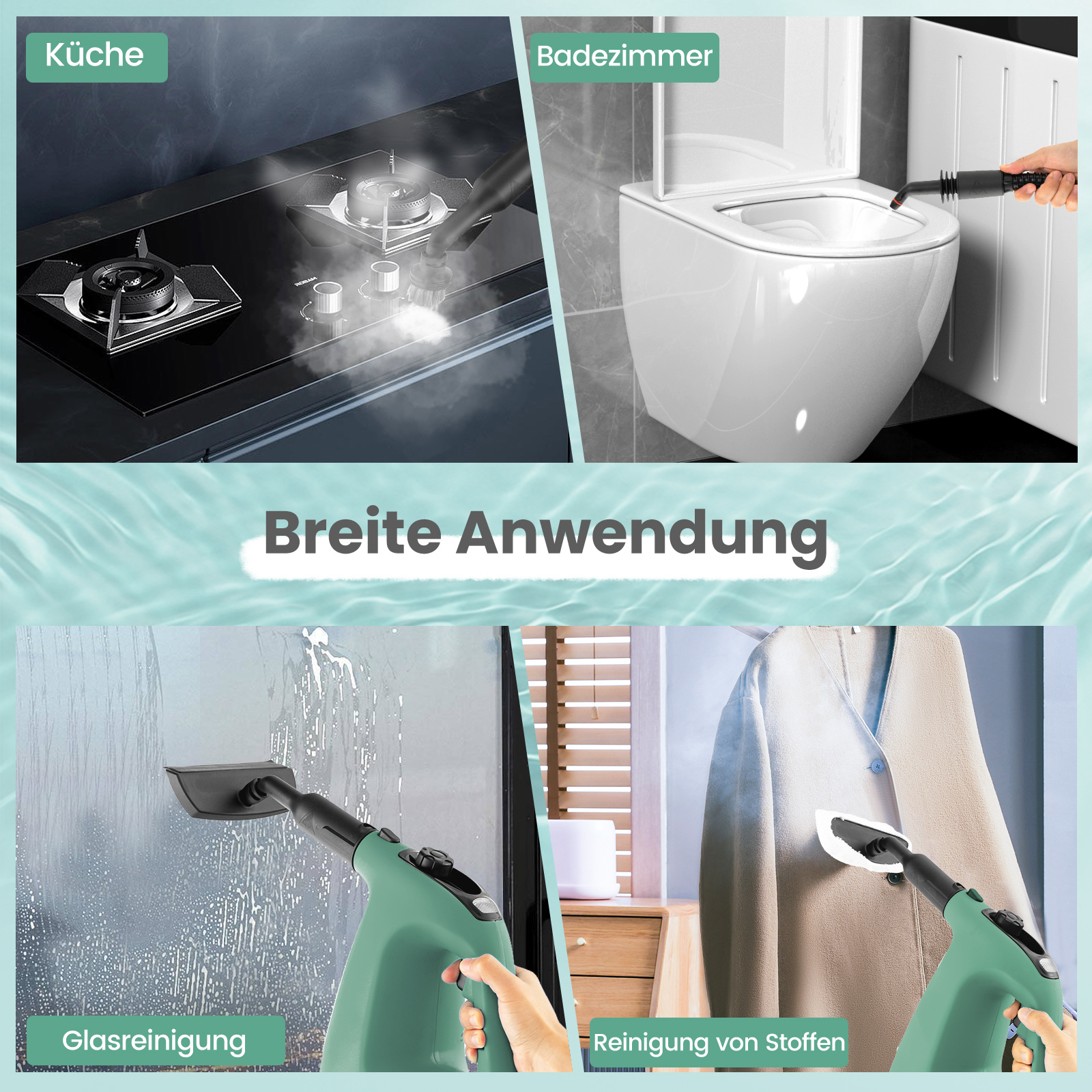 Dampfreiniger in Gebrauch, der mehrere Oberflächen reinigt. Küche, Bad, Glas und Stoff. Verschiedene Anwendungen.