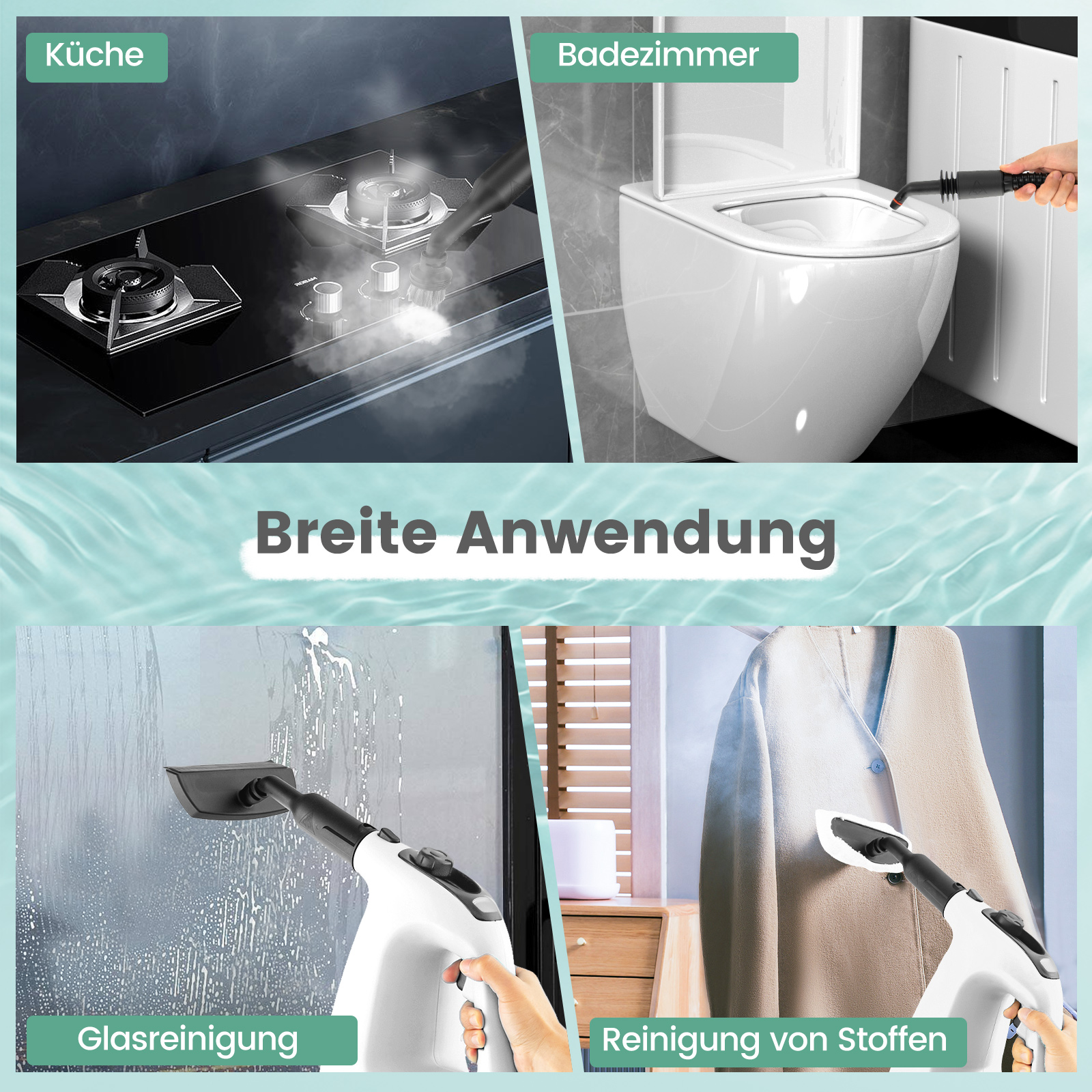 Bilder, die die Verwendung des Reinigungsgeräts zeigen: Küche, Bad, Fenster und Kleidung.