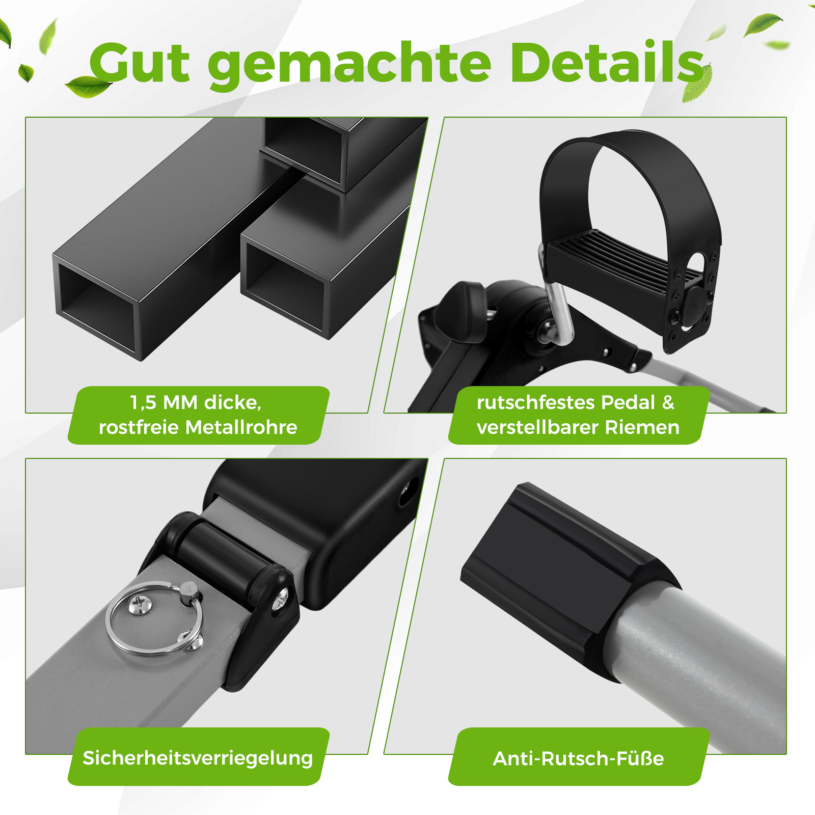 Nahaufnahme von schwarzen Trainingsgeräten mit Metallrohren, rutschfestem Pedal und Sicherheitsverriegelung.