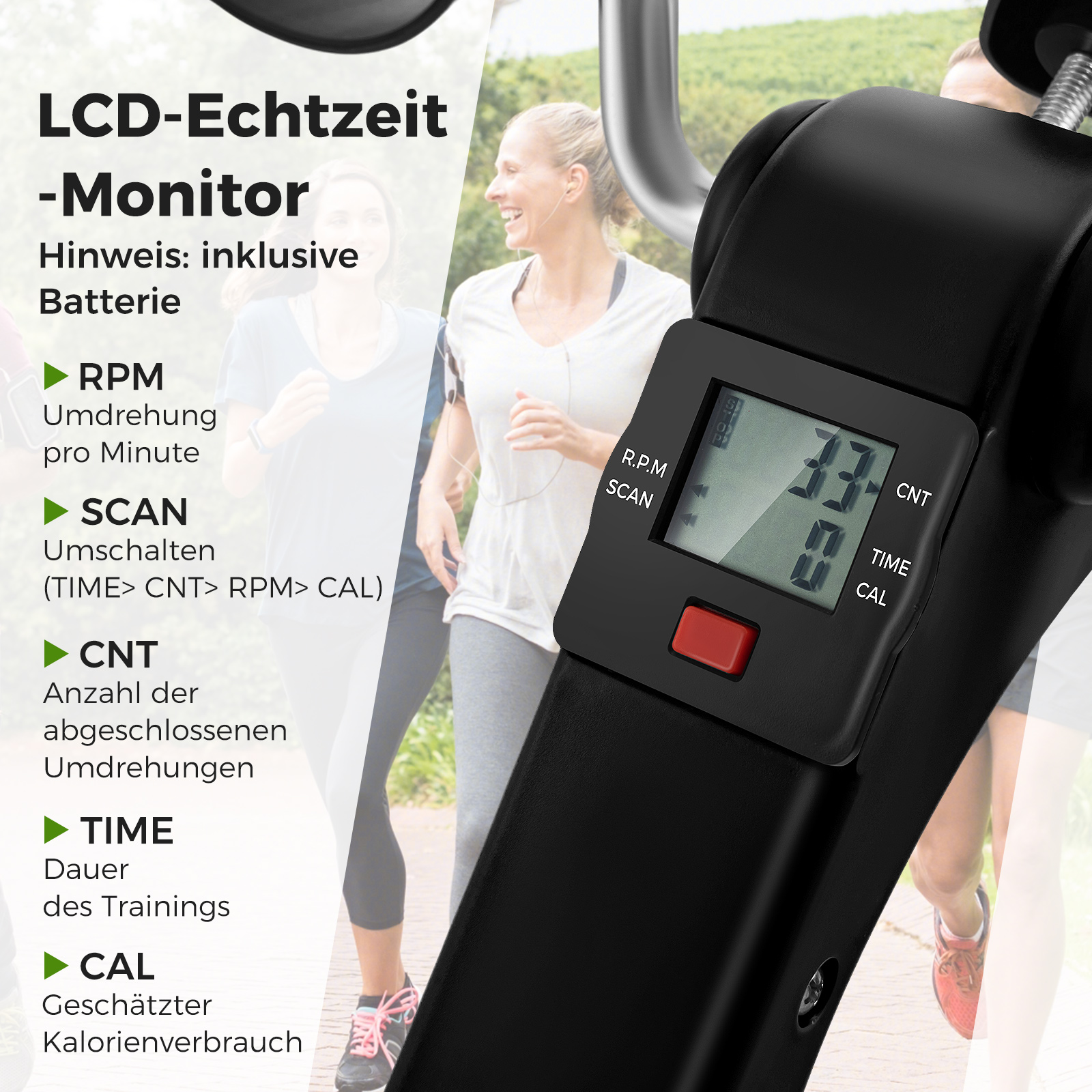 Fitness-Monitor mit Text und zwei Frauen, die im Hintergrund laufen. Schwarz und Weiß. Draußen.
