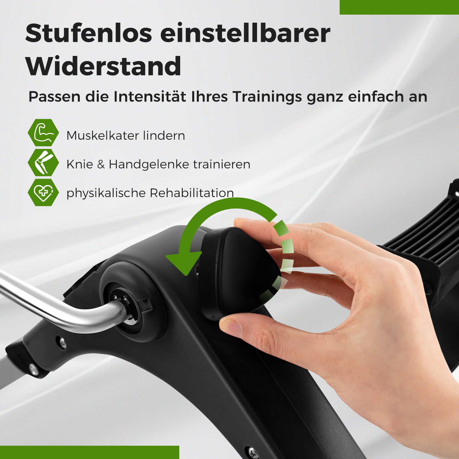 Hand stellt den Widerstandsknopf an einem schwarzen Trainingsgerät ein.