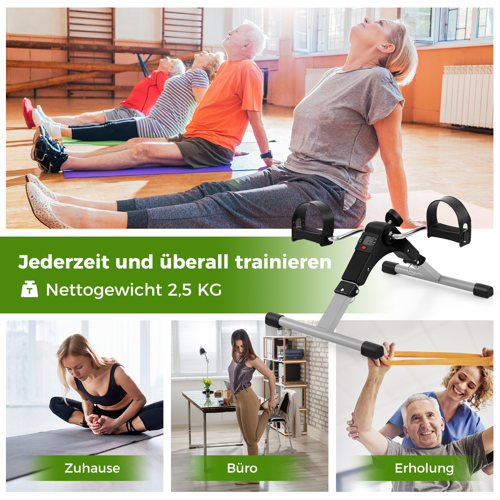 Menschen trainieren mit Fitnessgeräten. Menschen dehnen sich, benutzen ein Mini-Heimtrainer und Widerstandsbänder.