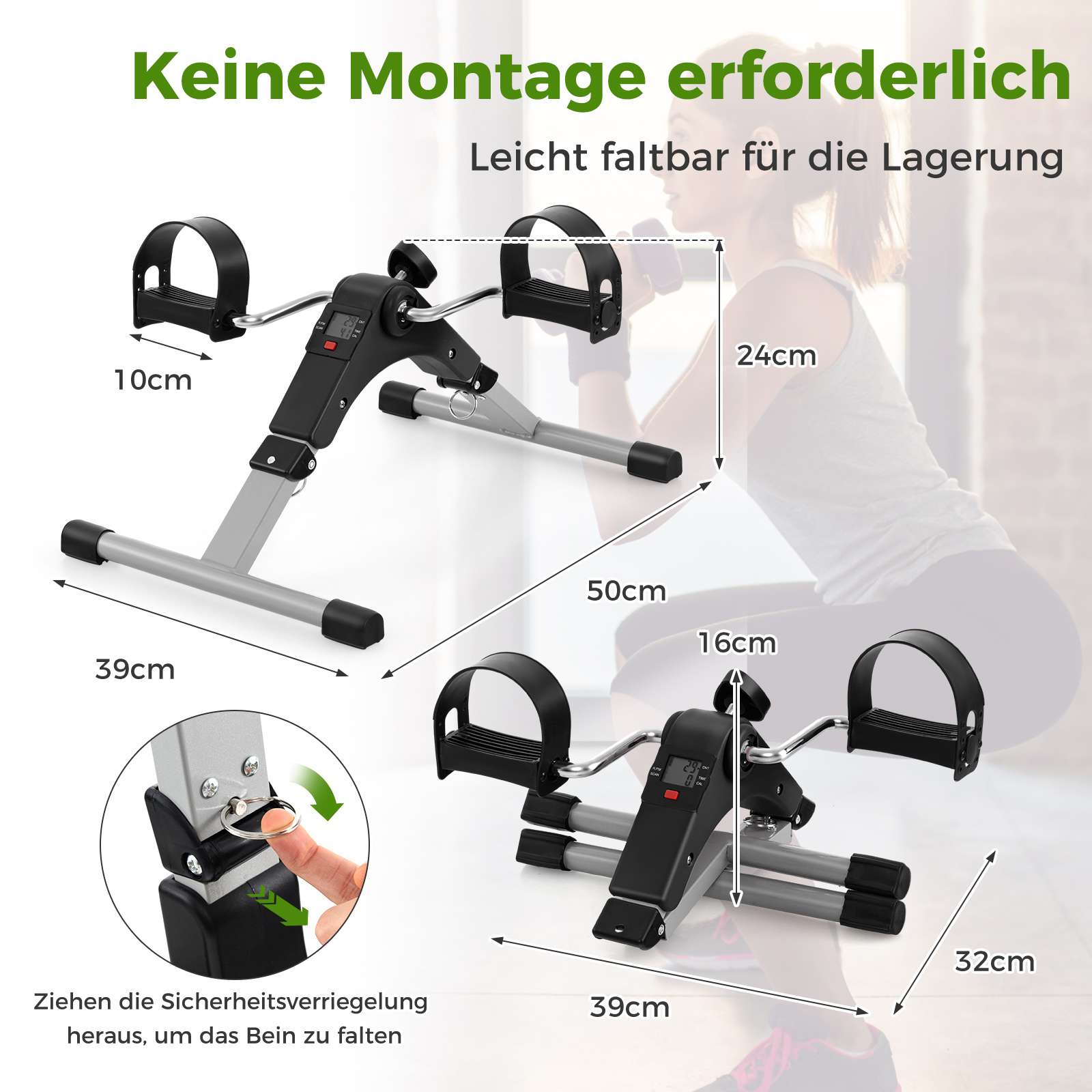 Ein zusammenklappbares Heimtrainer-Fahrrad mit Maßen und einer Person, die es benutzt.