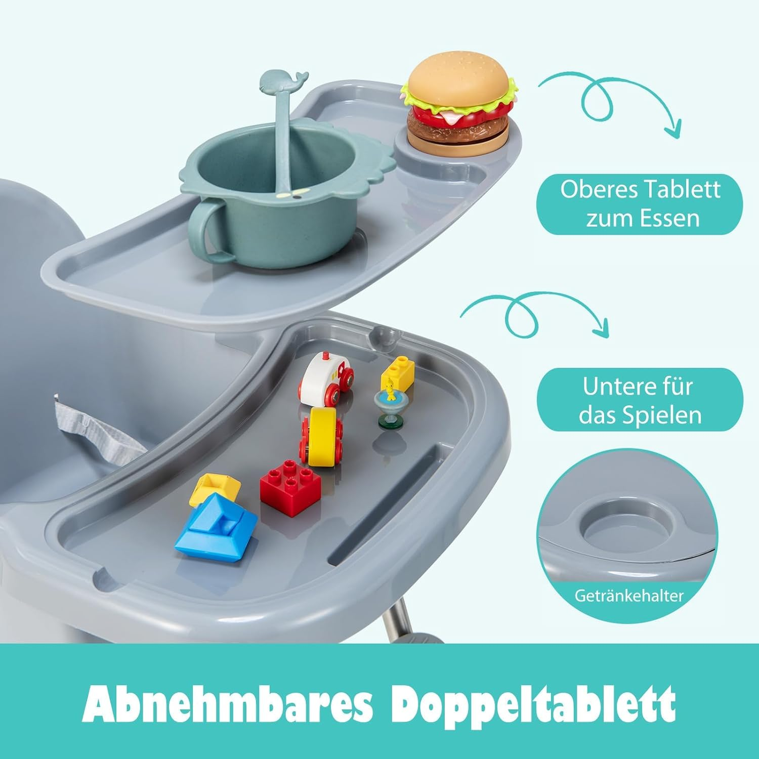 Ein grauer Hochstuhl mit zwei Tabletts und Becherhaltern, Essen und Spielzeug darauf.