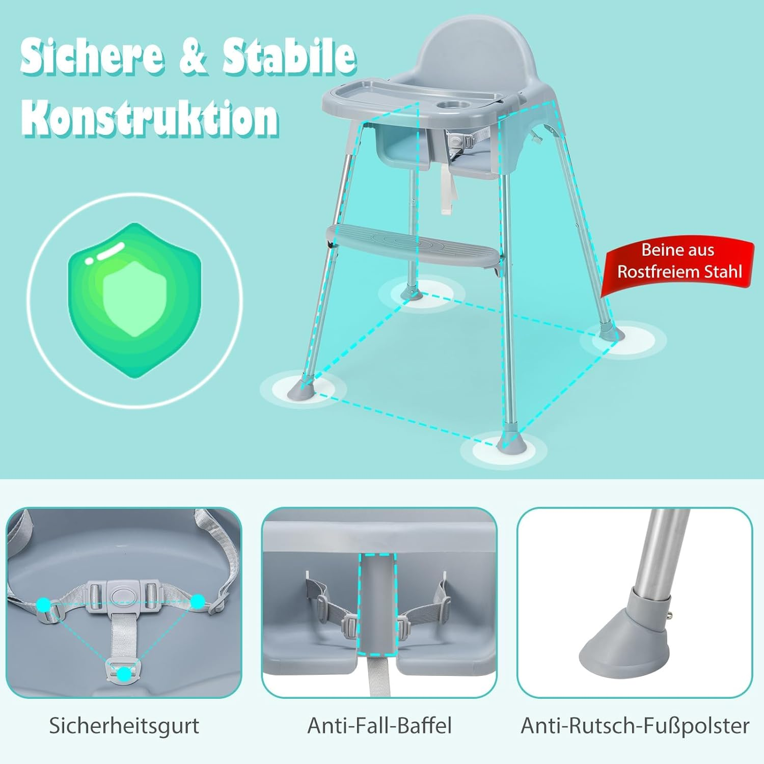 Ein grauer Hochstuhl mit Sicherheitsmerkmalen, die in einem Diagramm hervorgehoben sind.