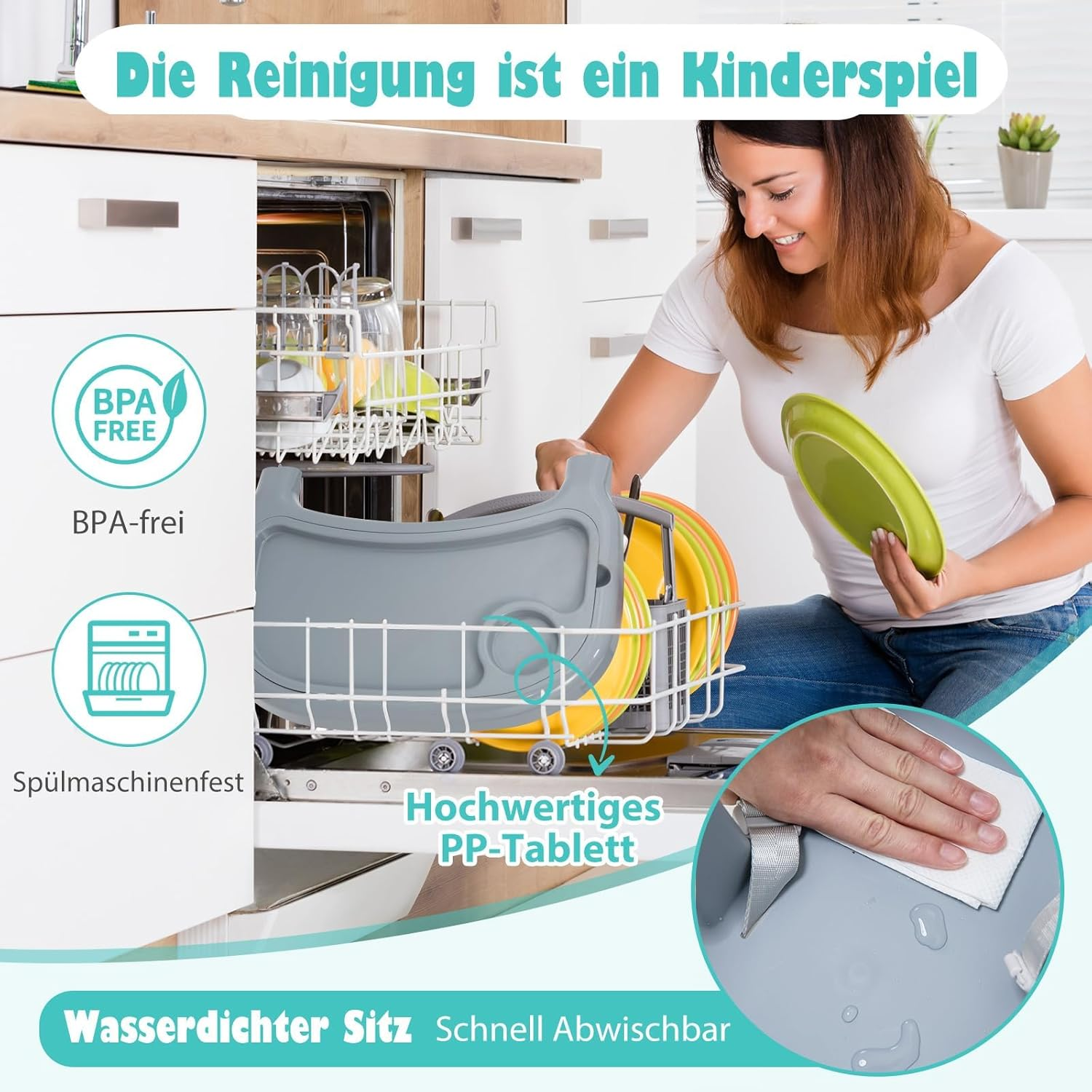 Frau wäscht Geschirr. Spülmaschine und Babysitz sichtbar. Grüne Teller und Text.