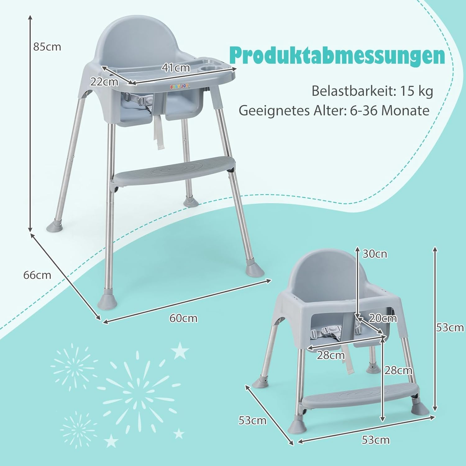 Blauer Hochstuhl mit Maßen und Text, Babysitz und separater Sitz, weißer Hintergrund.