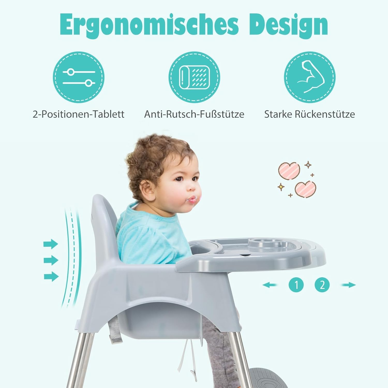 Ein Baby in einem grauen Hochstuhl. Der Stuhl hat verstellbare Positionen. Er ist mit ergonomischen Details versehen.