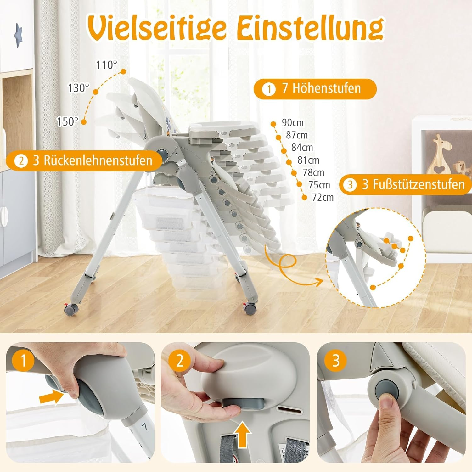Hochstuhl mit verstellbaren Einstellungen und Bildern von Babys, die ihn benutzen.
