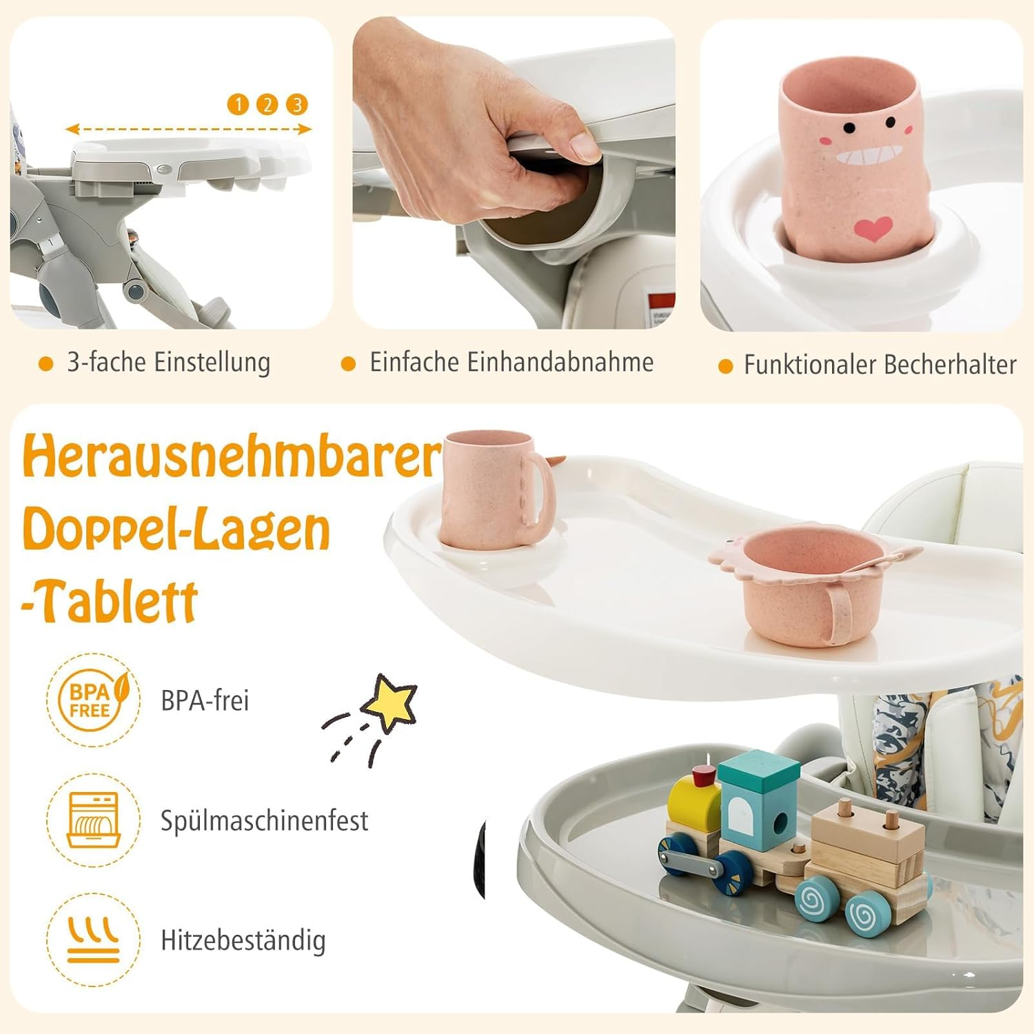 Ein Hochstuhl mit Tablett, einer rosa Tasse und einem Spielzeugzug auf dem Tablett.
