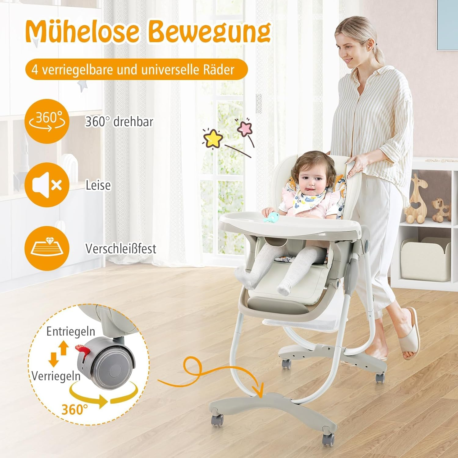 Eine Frau mit Baby in einem Hochstuhl. Textbeschriftungen beschreiben Merkmale und Funktionen.