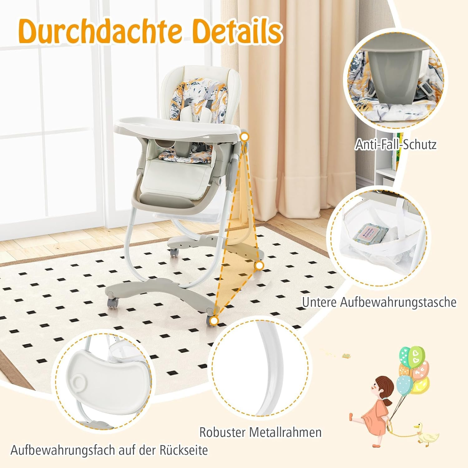 Ein Babyhochstuhl mit Tablett, auf einem gemusterten Teppich in der Nähe eines Fensters, mit hervorgehobenen Details.