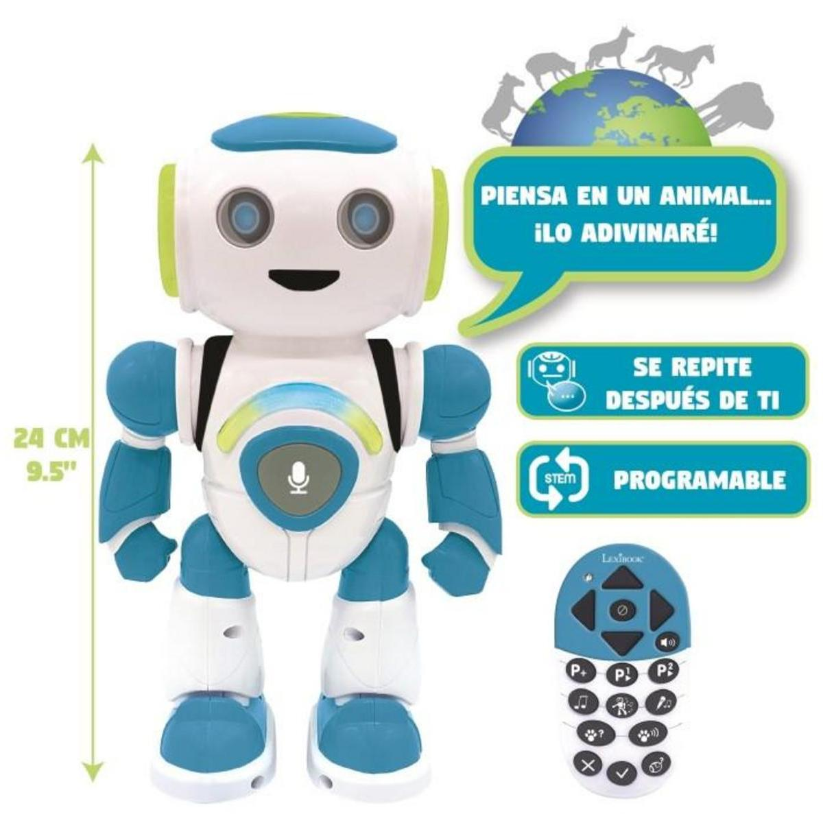 Un juguete robot blanco y azul con control remoto. Tiene una cara sonriente.