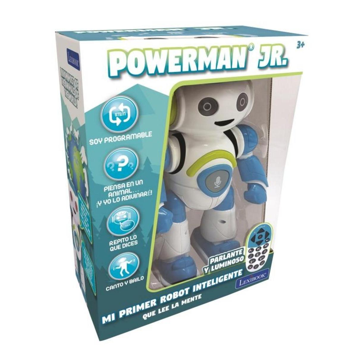 Un juguete de robot en una caja. Es blanco y azul. El texto en la caja dice 'Powerman Jr.'.